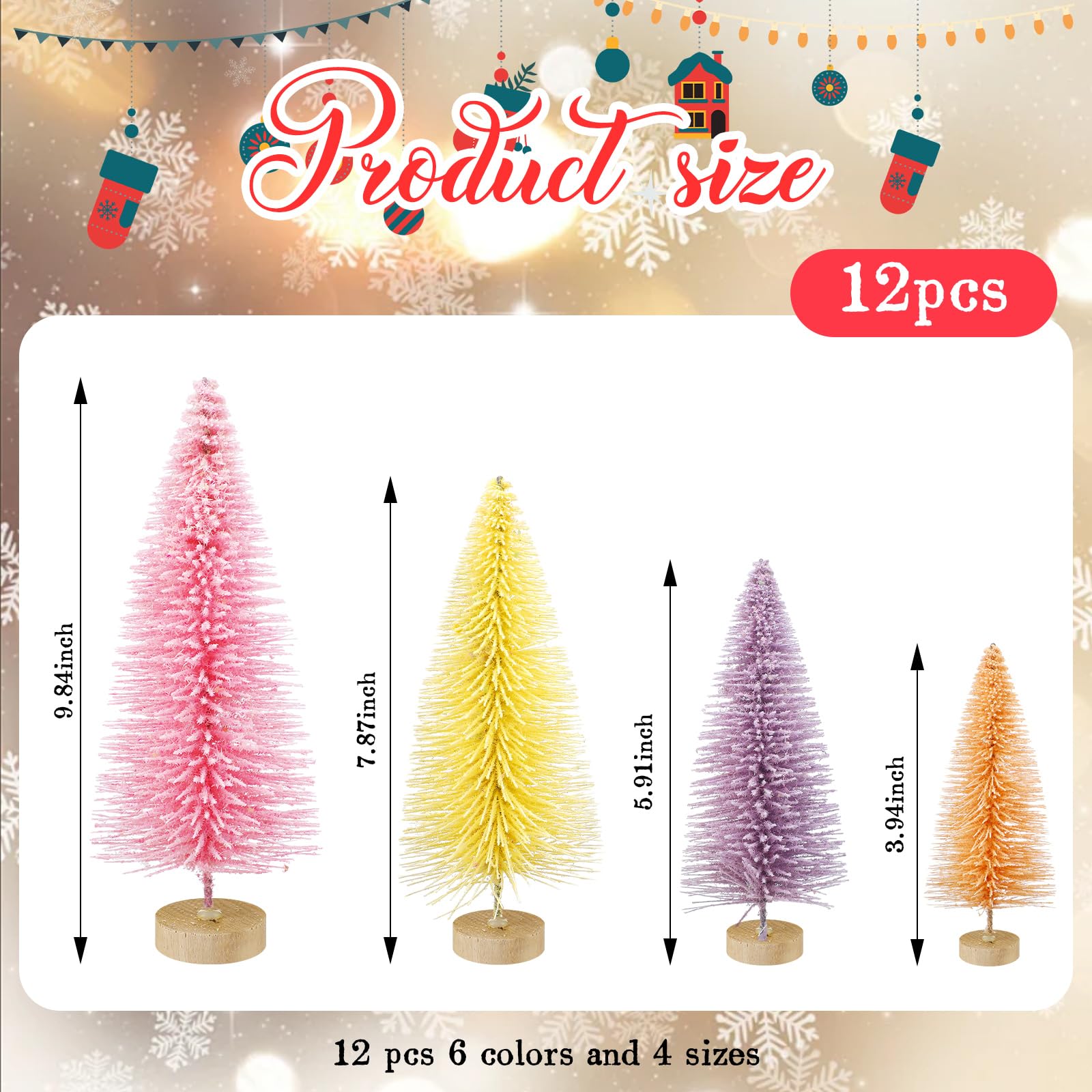 Soulchen 12 Pcs Pastel Mini Christmas Trees 4-10 Inch Canyland Christmas Centerpieces for Tables Village Decor Bottle Brush Xmas