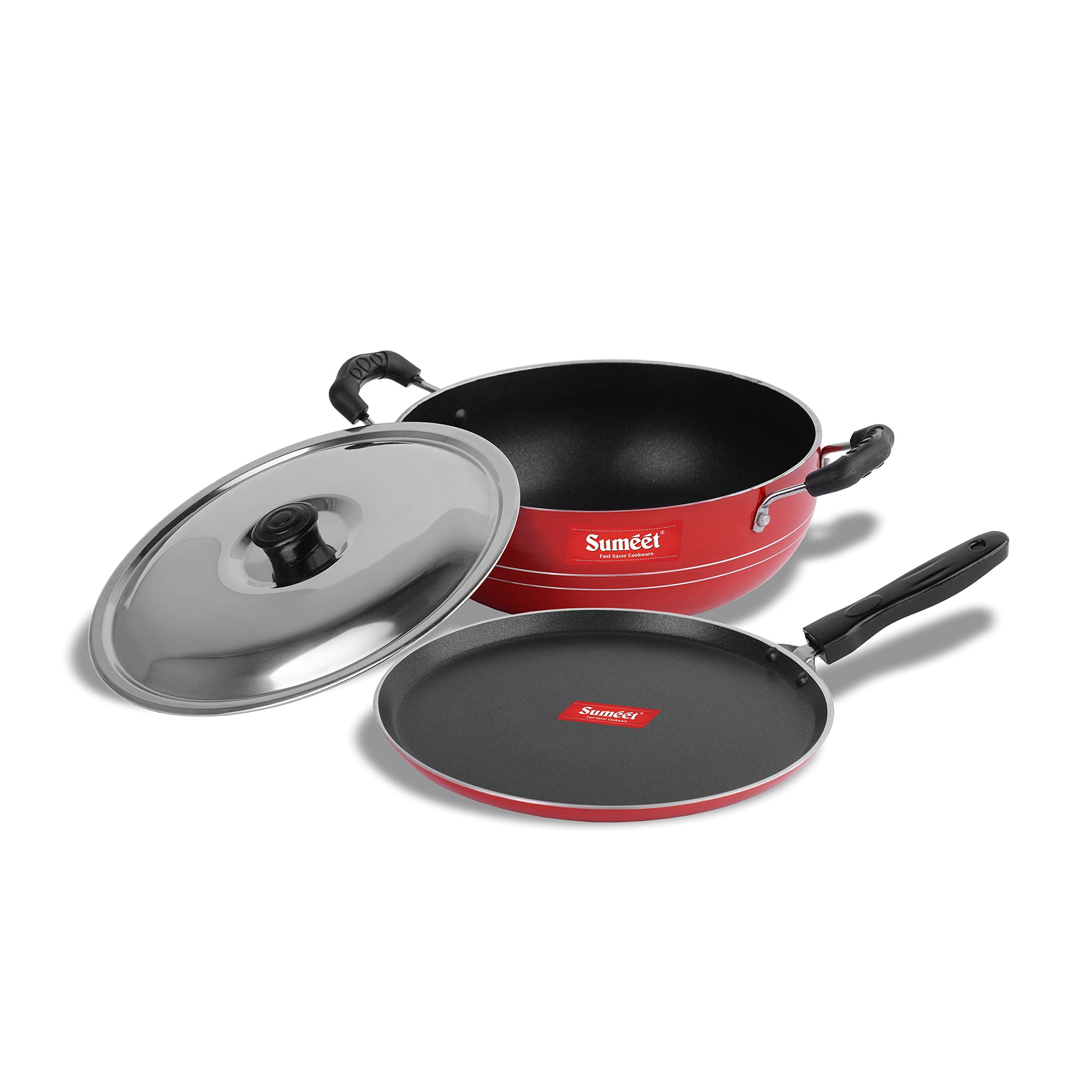 Sumeet 2.6Mm Thick NonStick Ruby Cookware Set (Dosa Tawa  26.5Cm Dia + Kadhai With Lid  1.5Ltr Capacity 20Cm Dia)