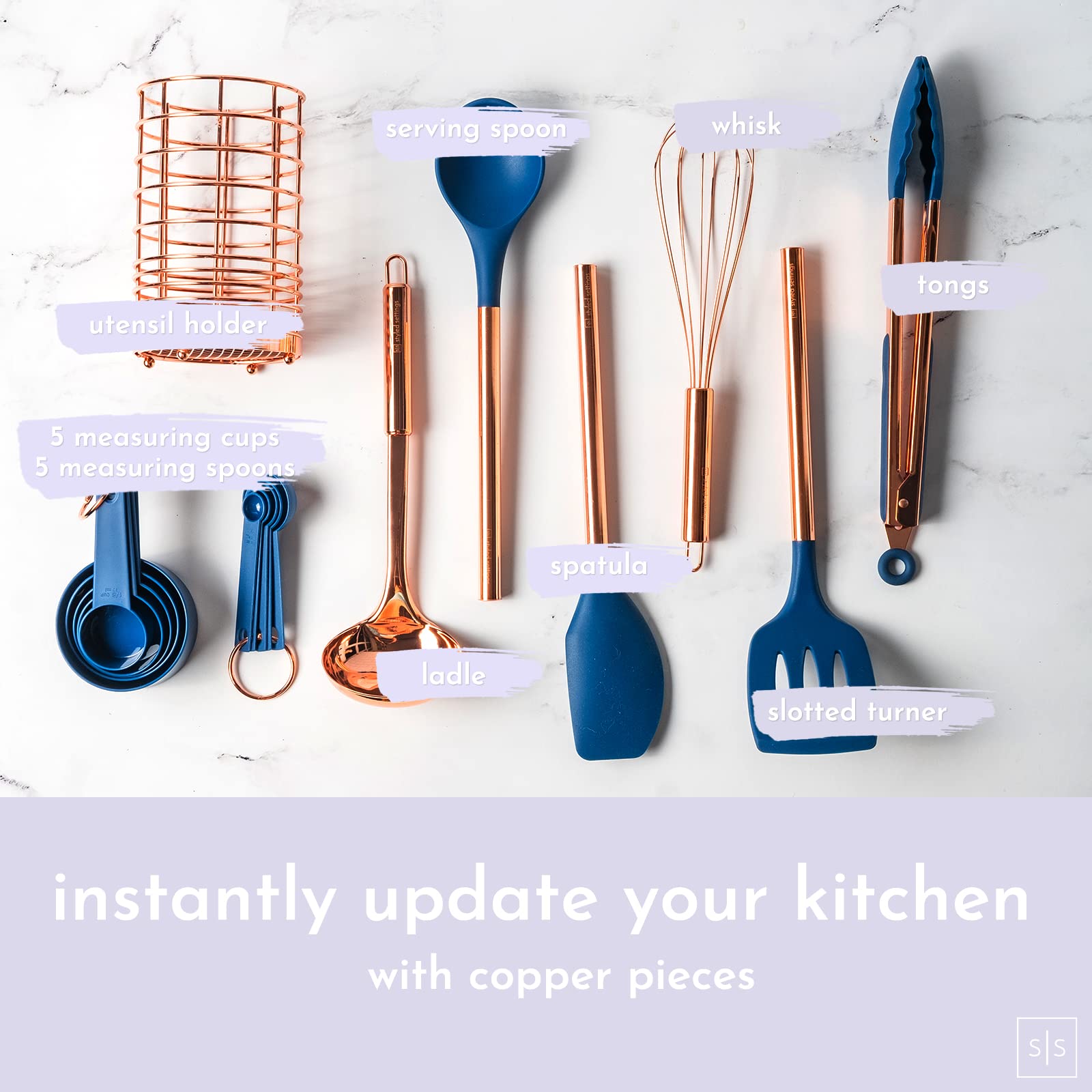 Copper And Blue Silicone Kitchen Utensils Set -17Pc Set Includes Copper Utensil Holder, Blue Measuring Cups & Spoons, Copper Kit