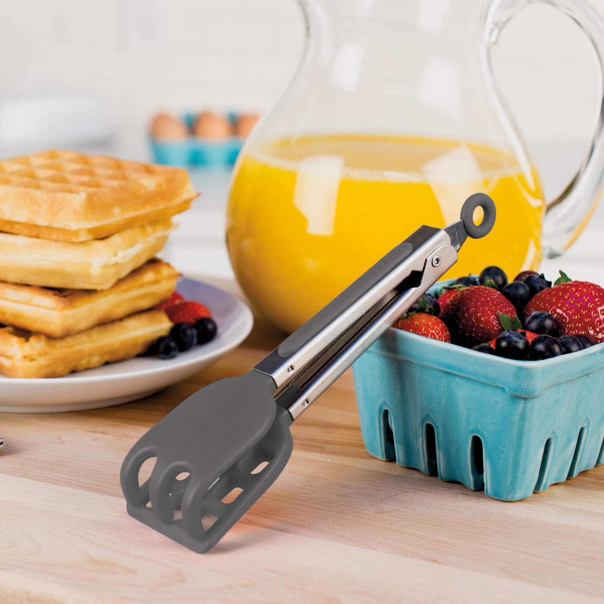 Tovolo Easy-Grip Mini Non-Slip Stainless Steel Handle, Heat-Resistant Silicone Heads, Kitchen Tongs For Cooking Waffles & Breakf
