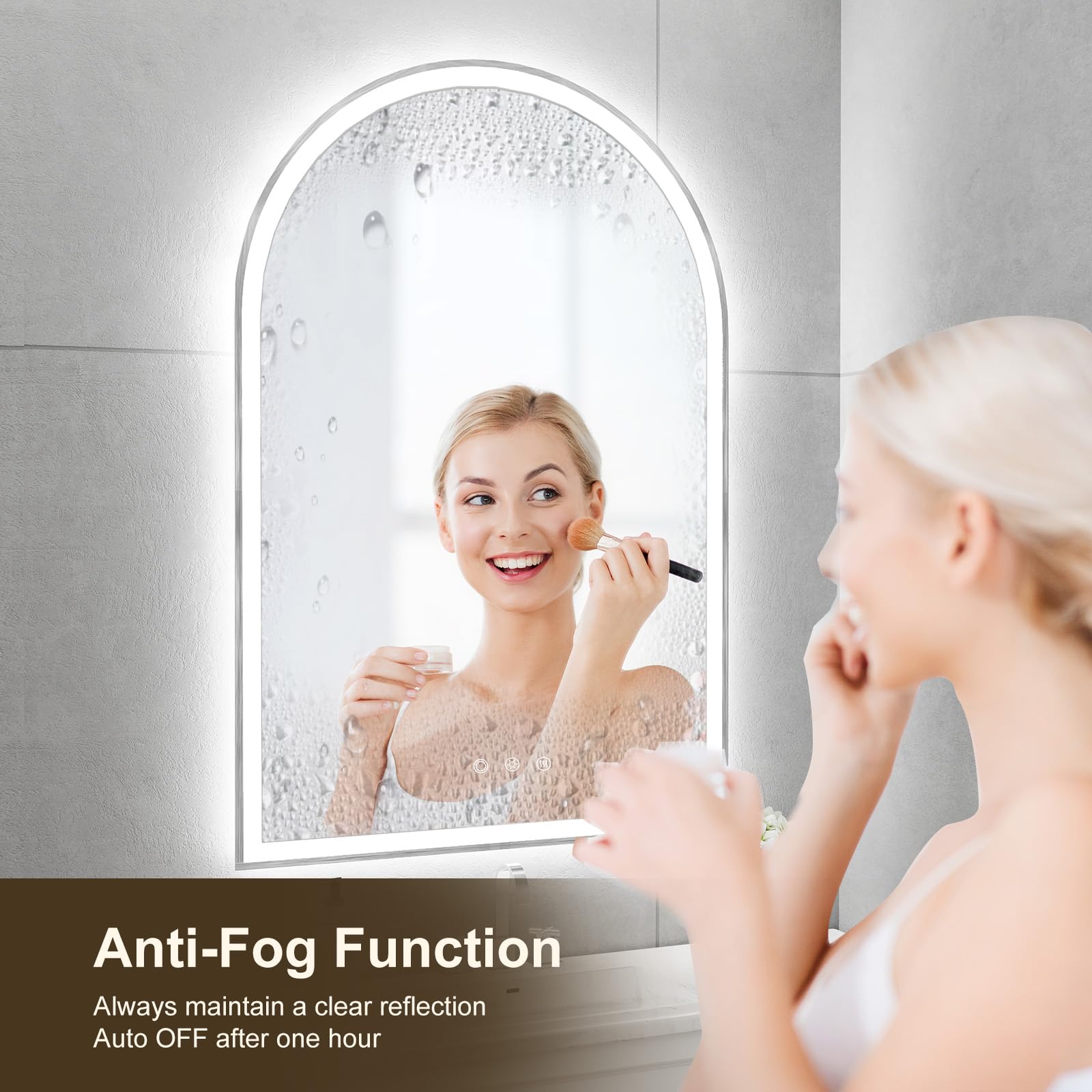 Oumusu Arched Led Bathroom Mirror 24''X36'' With Front And Backlight, Brushed Nickel Bathroom Mirror With Lights-Anti-Fog, Dimma