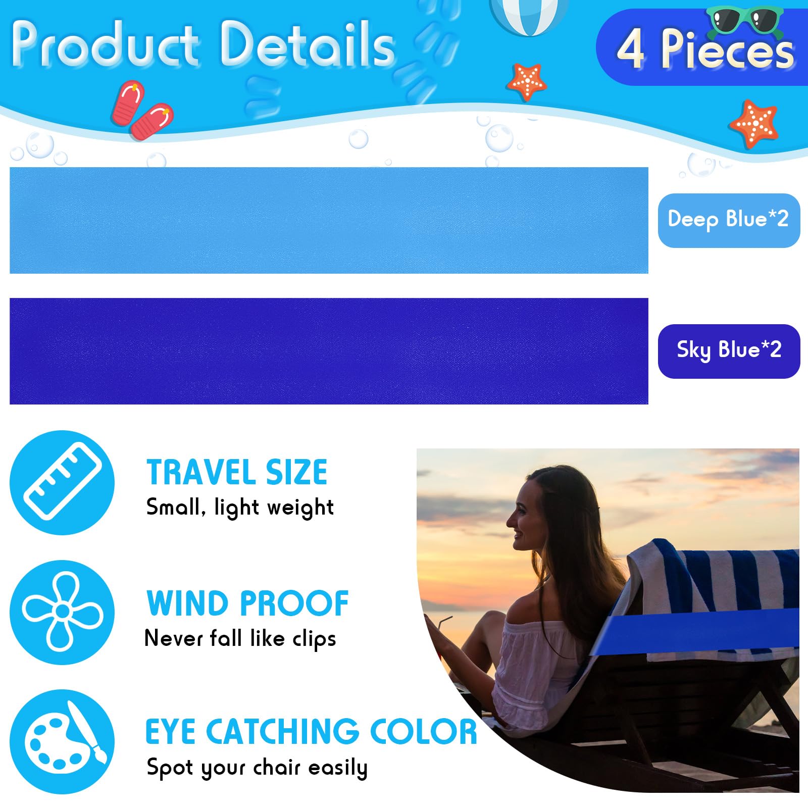 Boao 4 Pack Towel Bands For Beach Chairs Cruise Towel Clips For Lounge Beach Pool Chairs Towel Strap Holder Elastic Windproof Be