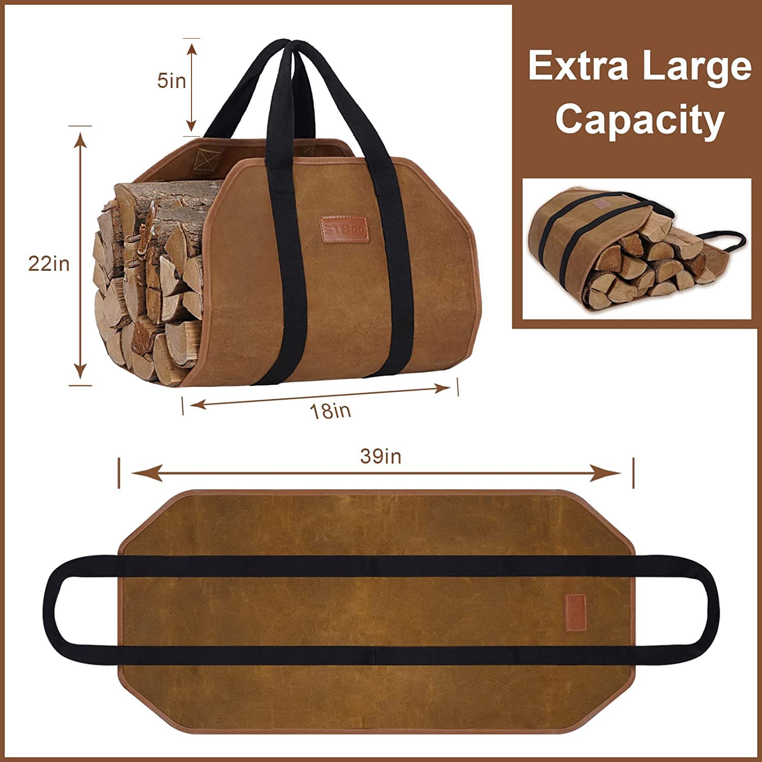 Waxed Canvas Firewood Log Carrier, Heavy Duty Firewood Holder For Firepit Outdoor Camping, Bbq, Sturdy Large Wood Carrier For Fi