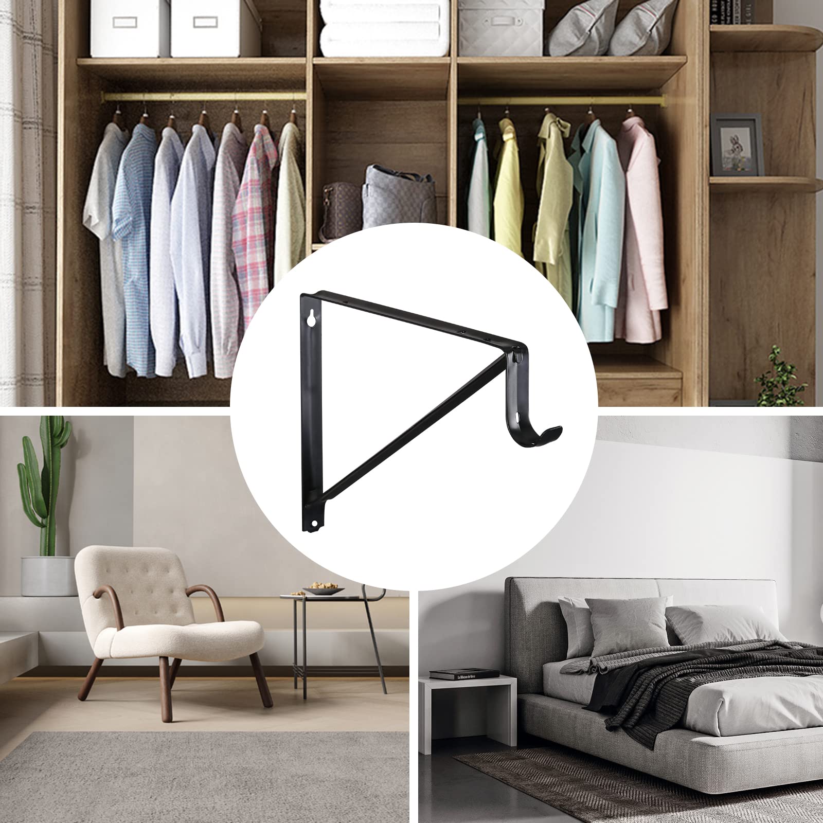 Home Master Hardware Heavy Duty Closet Shelf & Rod Brackets, Wall Mounted Closet Shelves Bracket With Rod Shelving Support, Blac