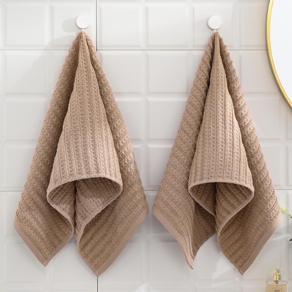 Sense Gnosis Brown Hand Towel Set Of 2 Waffle With Terry Striped Pattern 100% Cotton Ultra Soft Absorbent Towels For Bathroom Ki