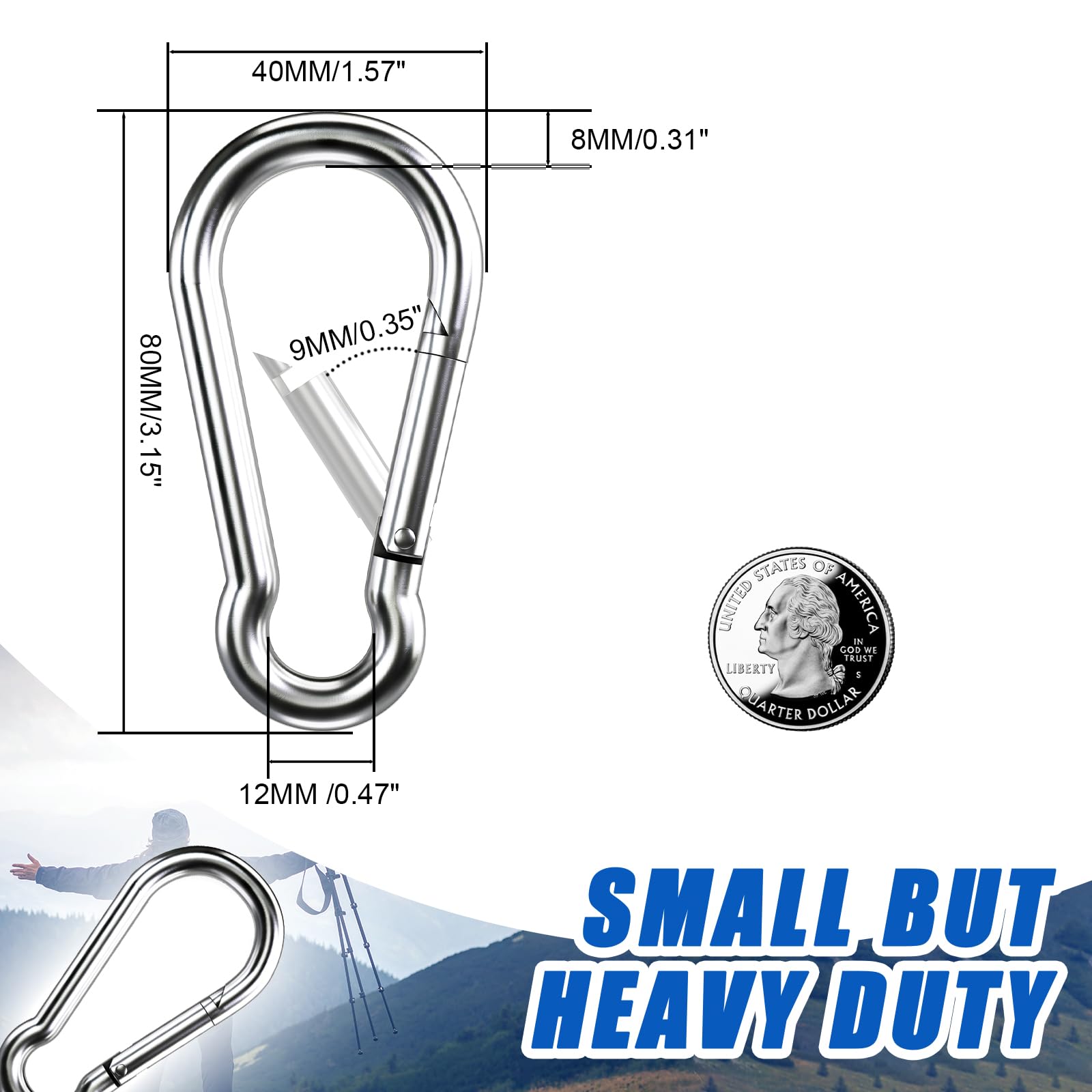 Kinklink 10 Pack 304 Stainless Steel Carabiner Clip, 315 Inch Heavy Duty Spring Snap Hook, Caribeener Clips For Outdoor Camping,