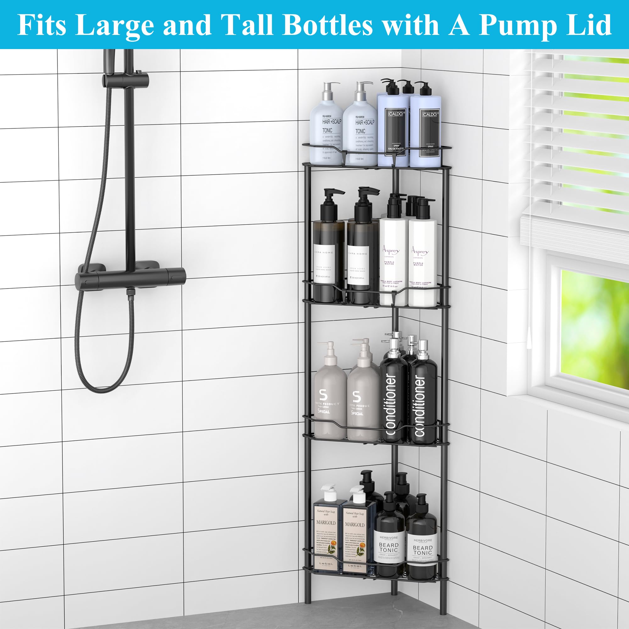 Huggiegems 4 Tier Floor Standing Corner Shower Caddy Organizer Shelf With Hooks, Bathroom Shelves Stand Rack, Gray