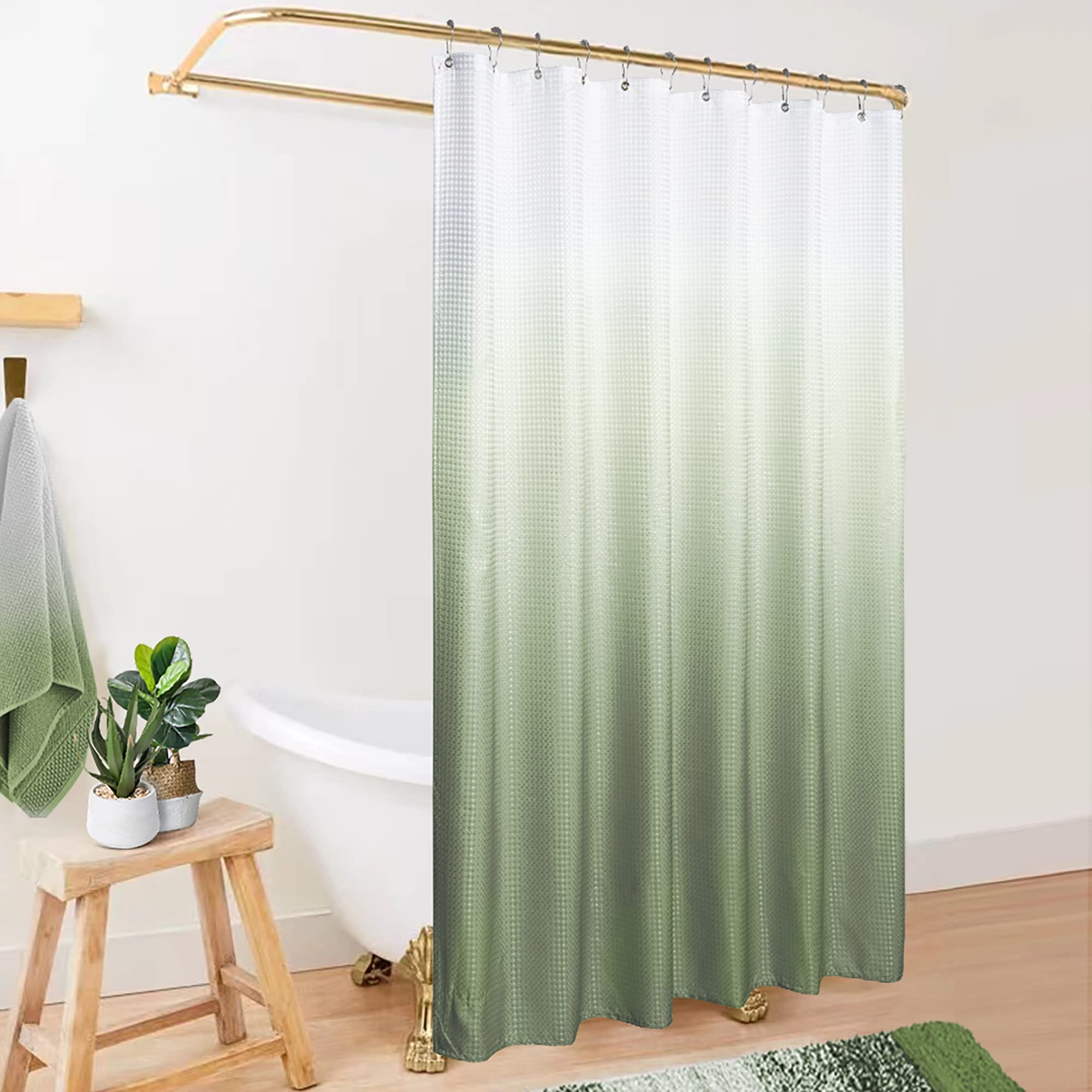 Mrs.Naturall Sage Green Boho Shower Curtains for Bathroom Ombre Waterproof Liner Bath Decor Textured Fabric Shower Curtain Sets with Hooks Machine Washable 70 x 72 inch Long