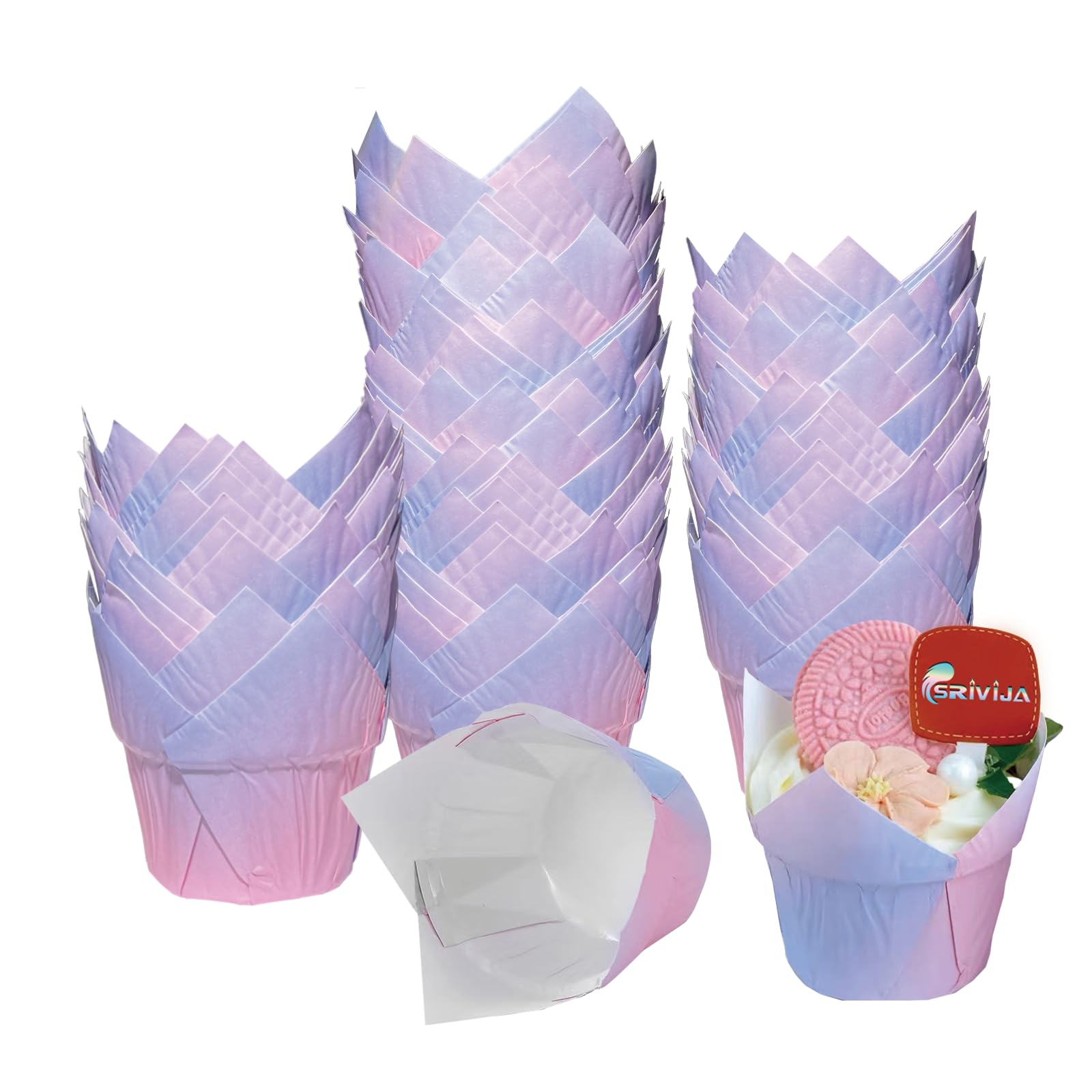 Srivija 100Pcs Greaseproof Paper Muffin Liners,Tulip Cupcake Liners,Baking Liners,Premium Baking Cups Cupcake Wrappers For Party
