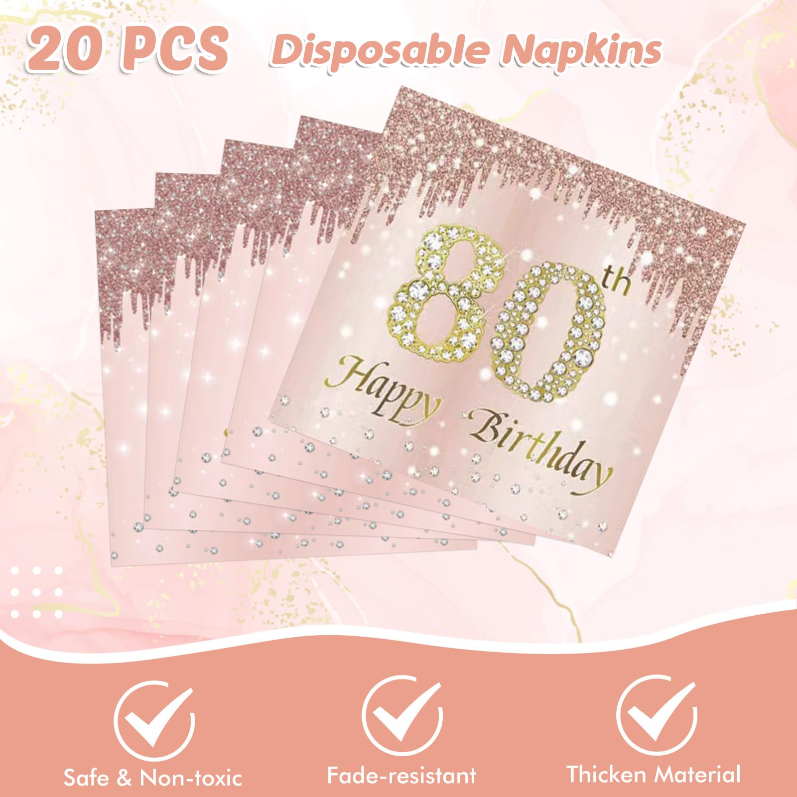 41Pcs 80Th Birthday Decorations, Rose Gold Birthday Party Supplies Include 20Pcs Plates 20Pcs Napkins And 1Piece Tablecloth, Swe