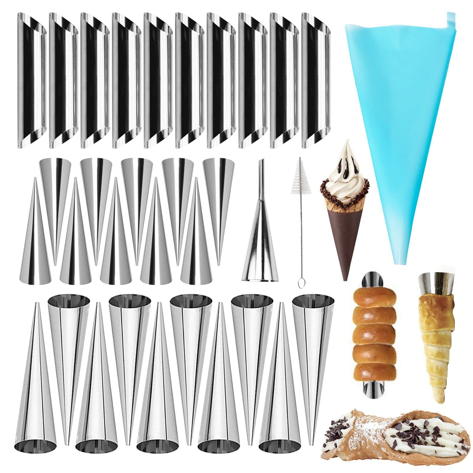 Volksrose 30Pcs Cream Horn Mold, Cannoli Forms Tubes Kit, Stainless Steel 20Pcs Cone Shaped And 10Pcs Tubular Shaped Baking Mold