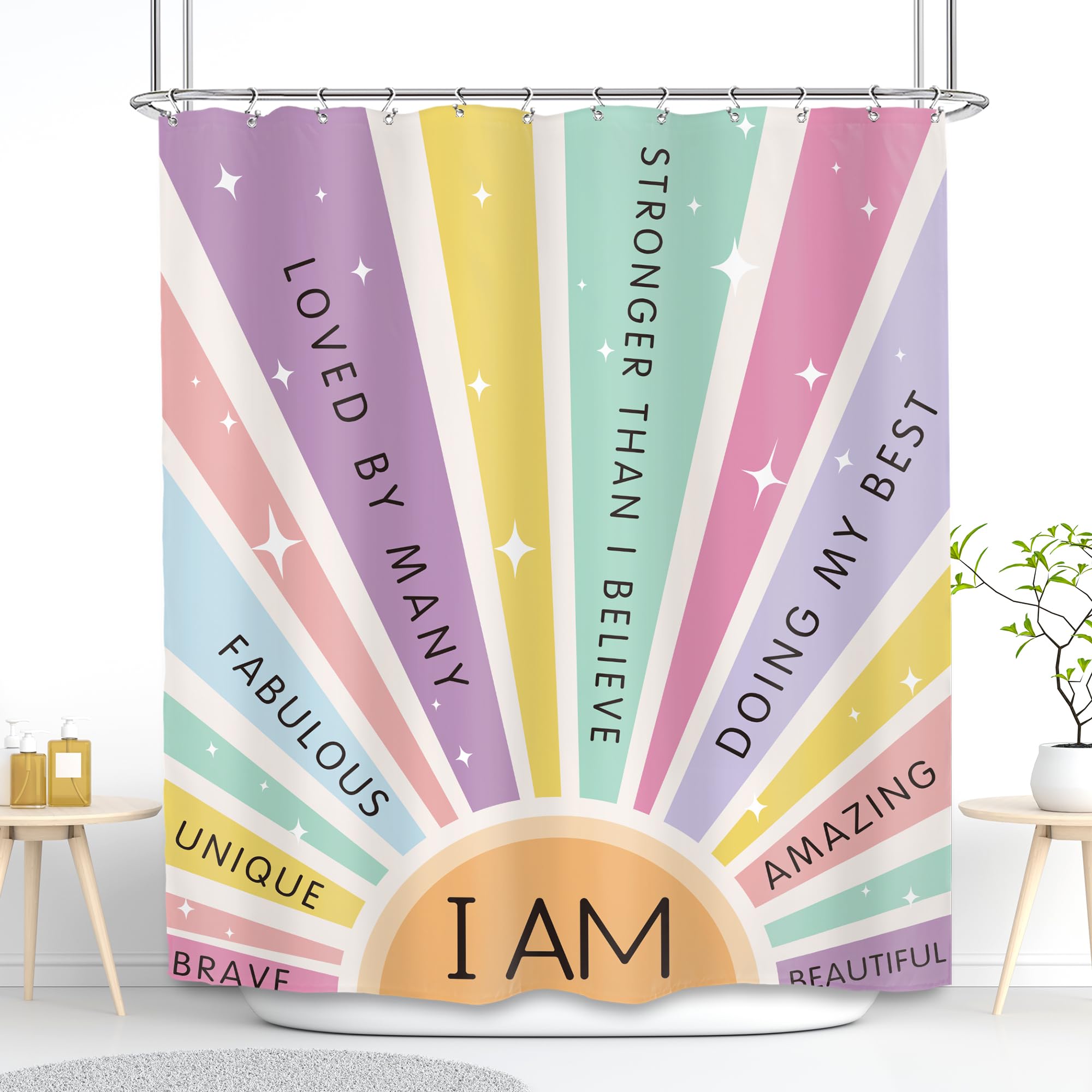 Svbright Kids Girls Shower Curtain 60Wx72L Inch Rainbow Quotes Inspirational Boho Sun Colorful Retro 70S Cute Words Motivational