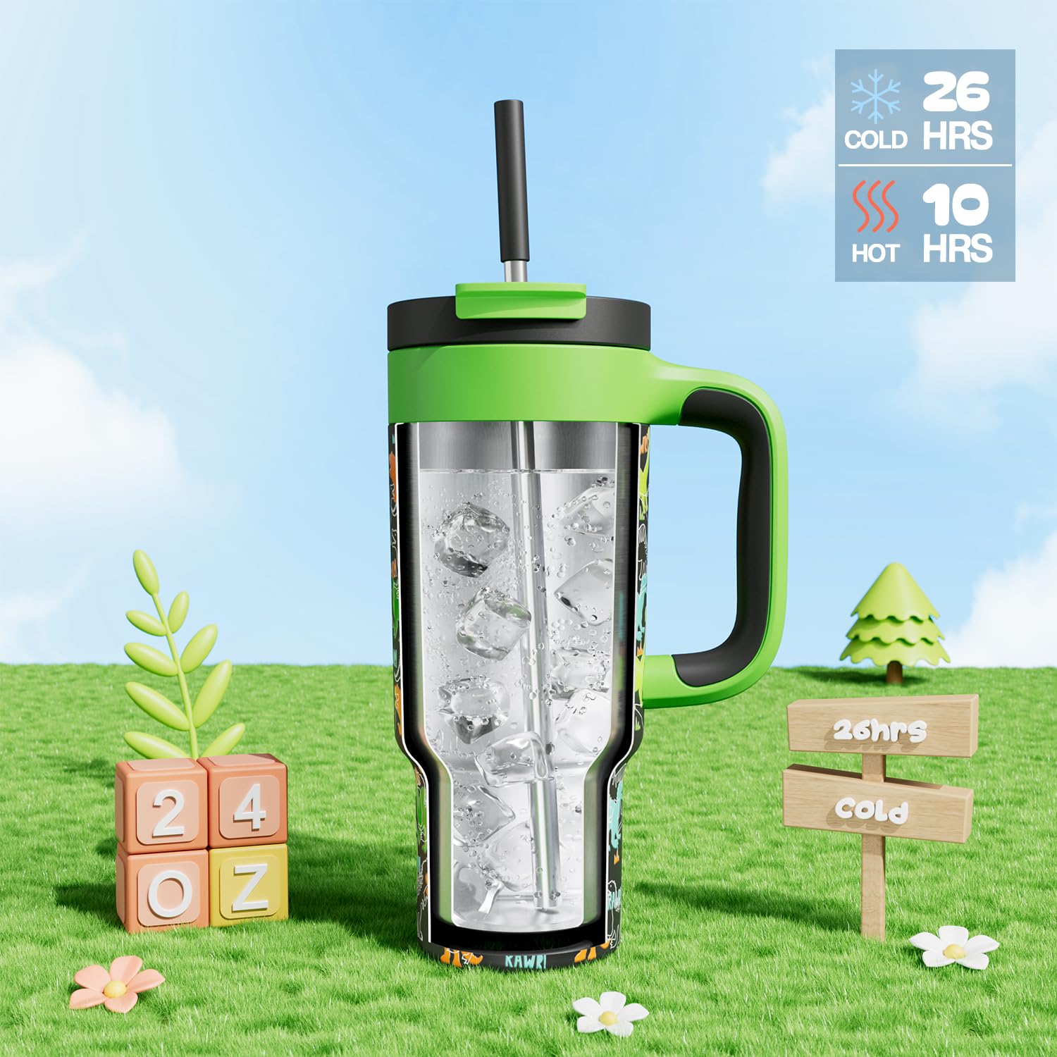 24 oz Kids Tumbler with Straw for Boys: Leakproof, Cold for 26 Hrs, Hot for 10 Hrs, Durable Handle, Insulated Stainless Steel Cu