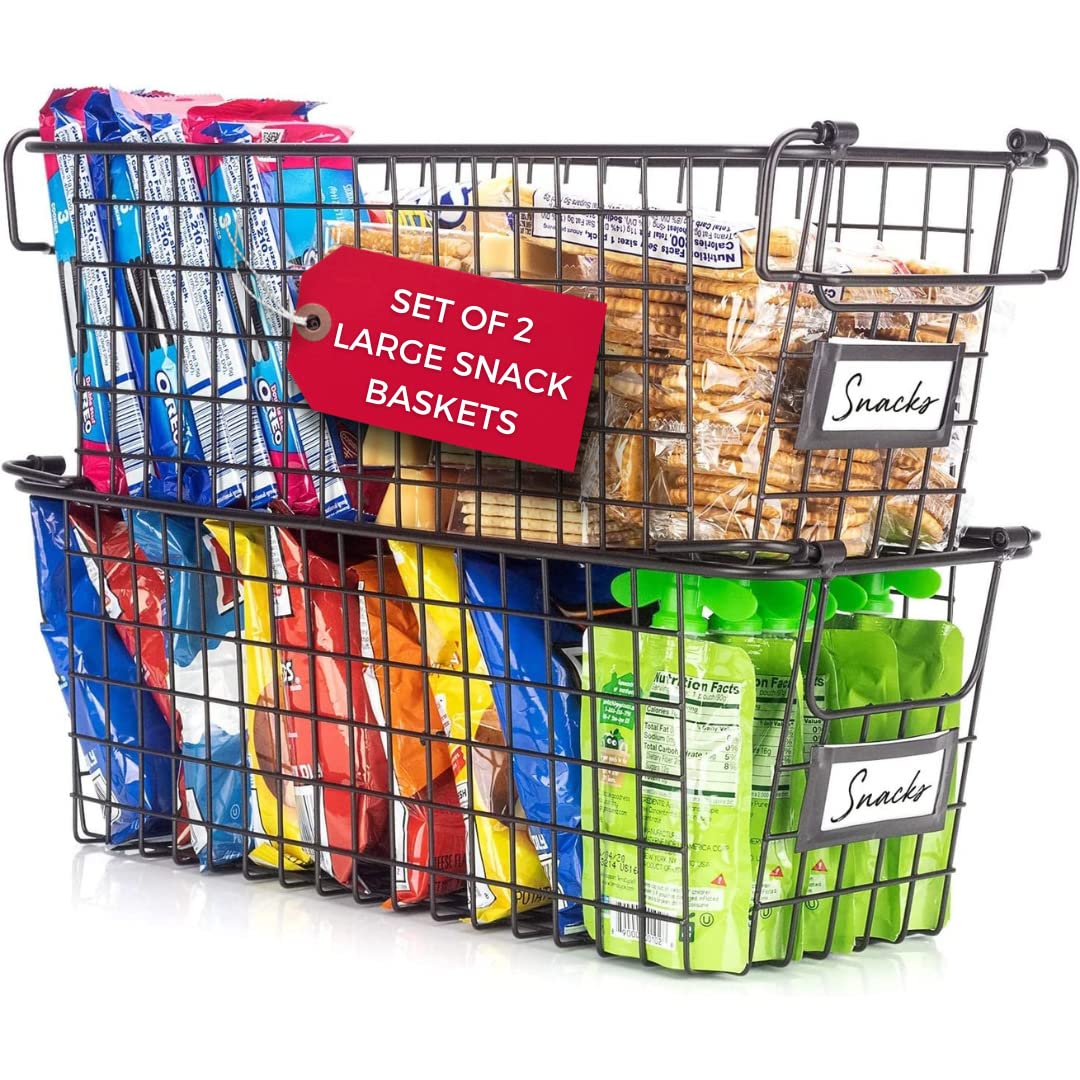 Granrosi Large Stackable Wire Baskets For Organizing - Set Of 2 Wire Storage Baskets With Handles; Snacks & Chips Organizer For