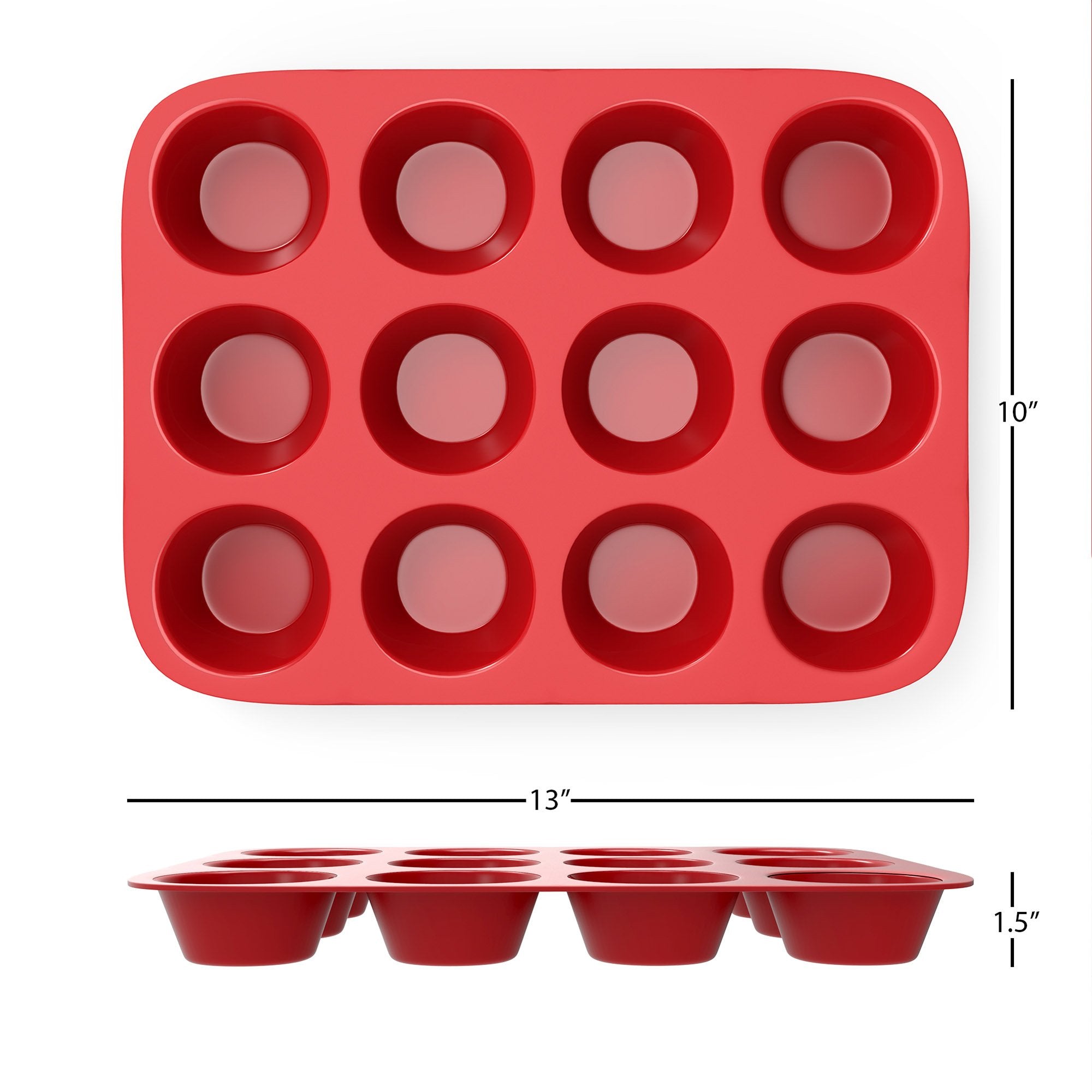 Chef Buddy Silicone Muffin Pan - Nonstick Baking Tray with 12 Cups - 13"x10"x1.5", Red - Microwave, Oven, Freezer, Dishwasher Safe