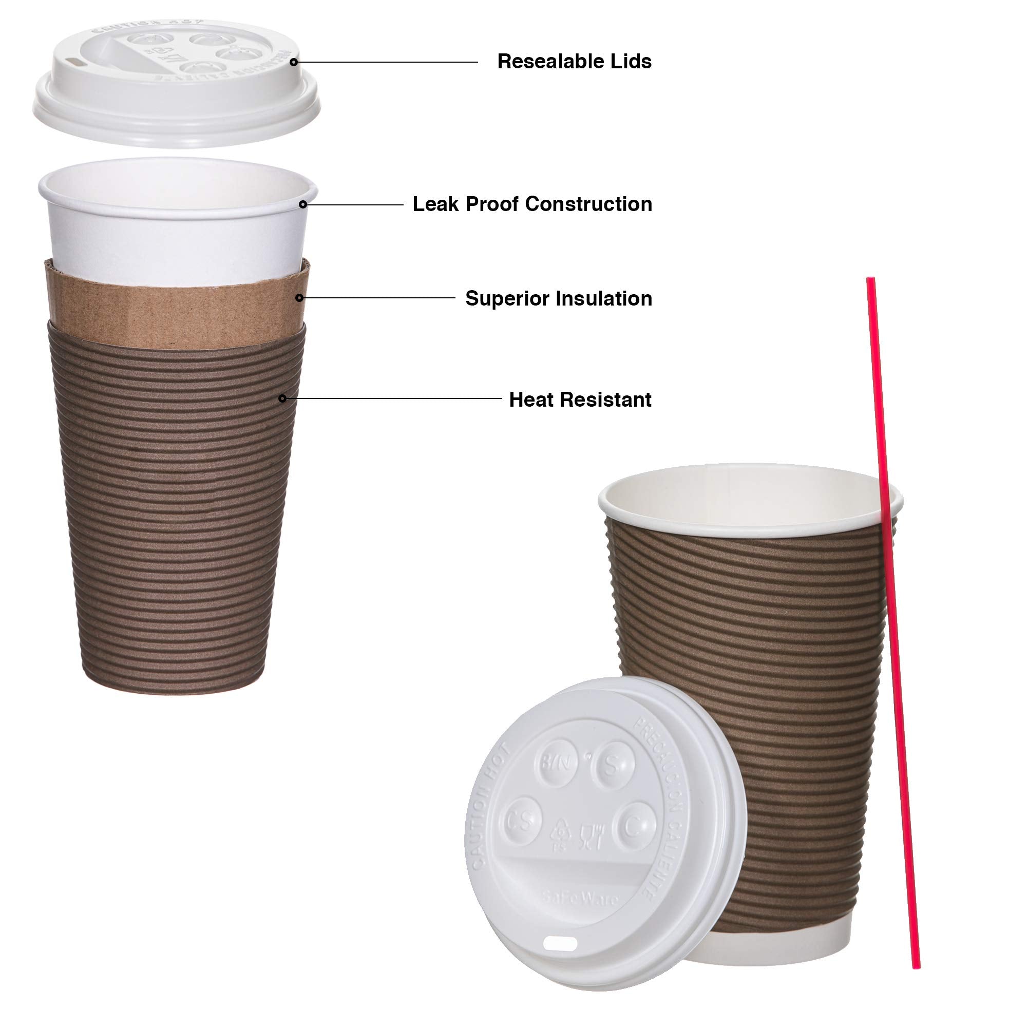 Disposable Coffee Cups With Lids And Stirrers 12 Oz (50 Set), Insulated Double Wall, No Drip Roll Up Rims, Easy To Grip Ripple D