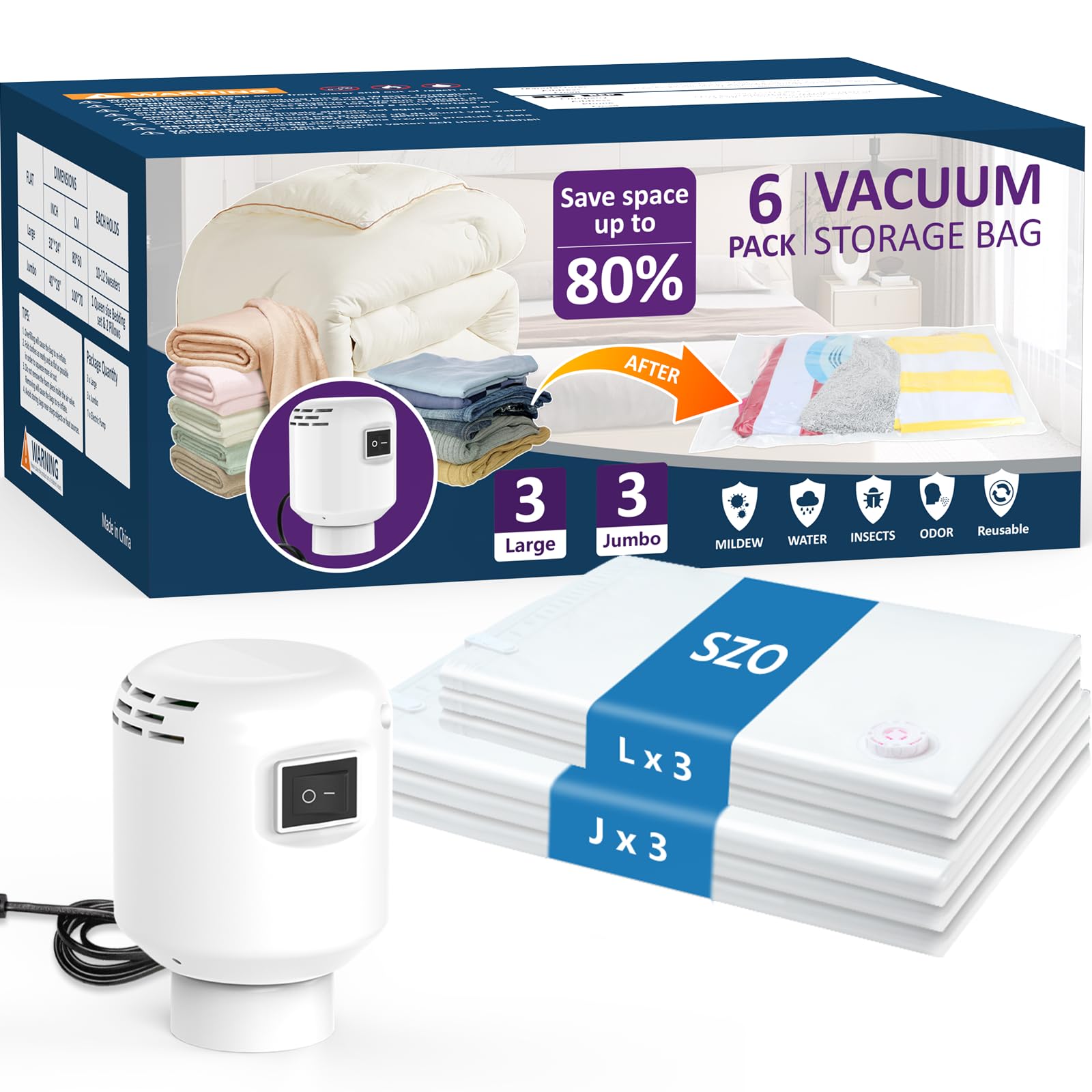 SZO 6 Pack Vacuum Storage Bags With Electric Air Pump,Vacuum Seal Bags For Clothing Travel, Space Saver Bags For Luggage, Blanke