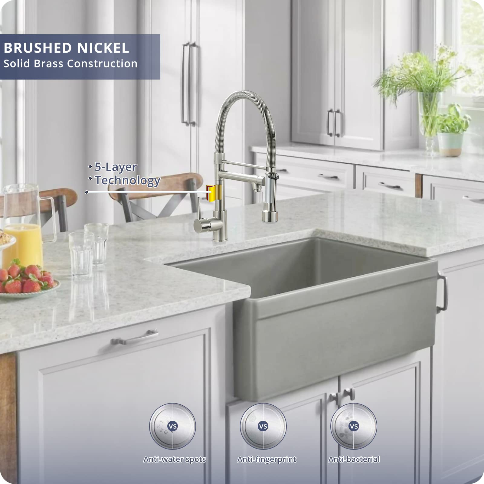Fapully Pull Down Kitchen Faucet with Lock Sprayer Single Handle Spring Stainless Steel Kitchen Sink Faucet Brushed Nickel