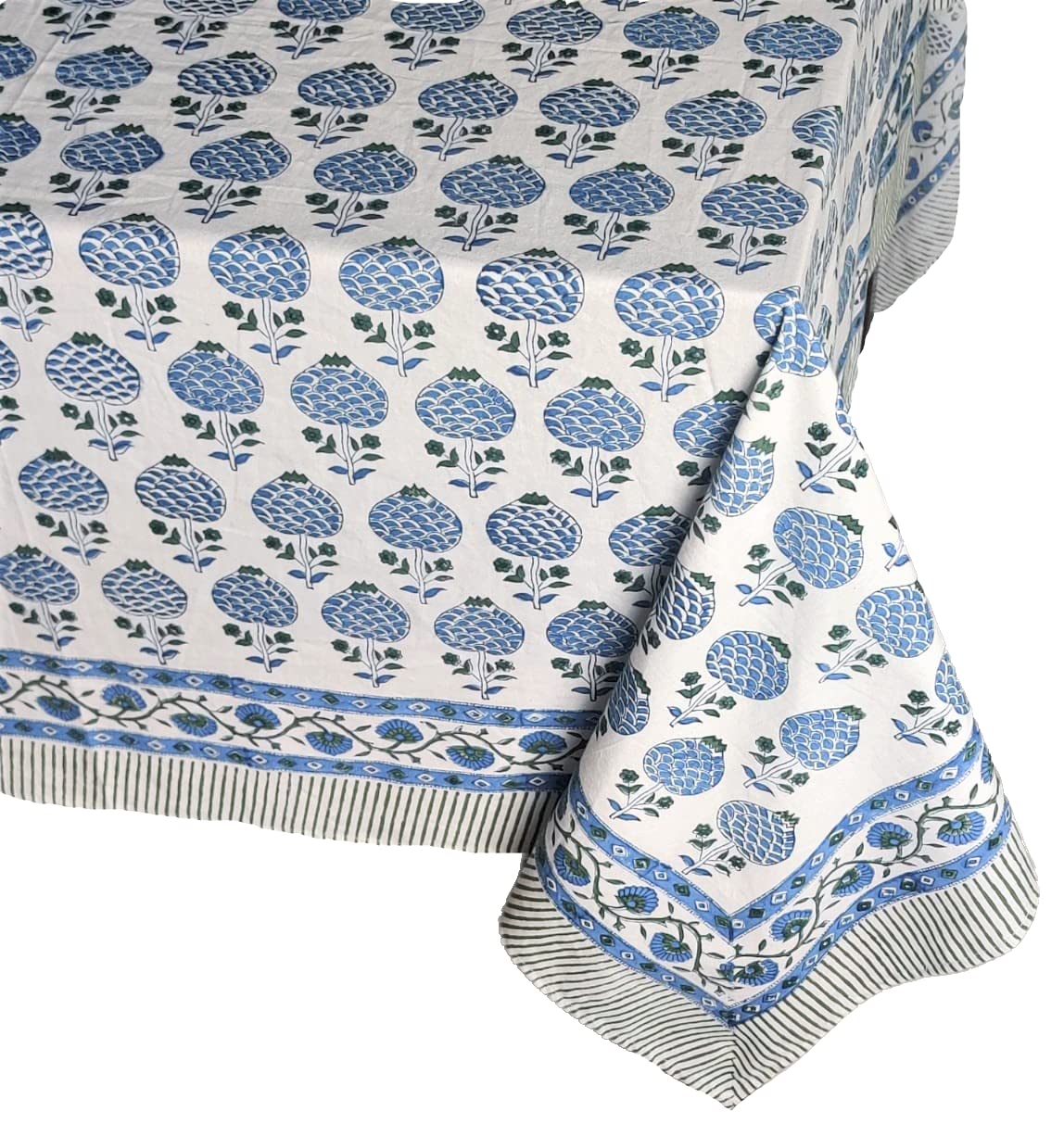 Atosii Roma Blue 100% Cotton Boho Rectangle Fall Tablecloth, Handblock Floral Print Table Cloth Linen For Kitchen Dining I Parti