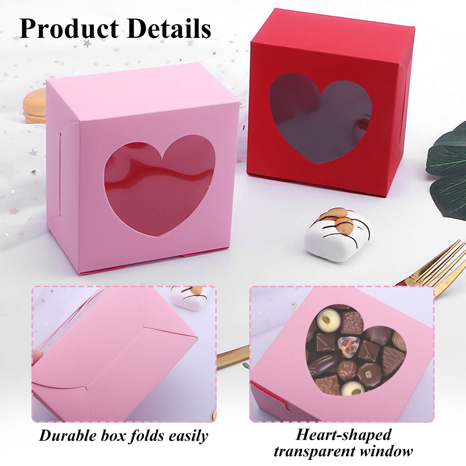 Jremreo 12 Pack 4X4X2.6 Inches Red Pink Heart Shaped Boxes With Window, Goodie Cupcake Strawberry Box For Valentine'S Day Weddin