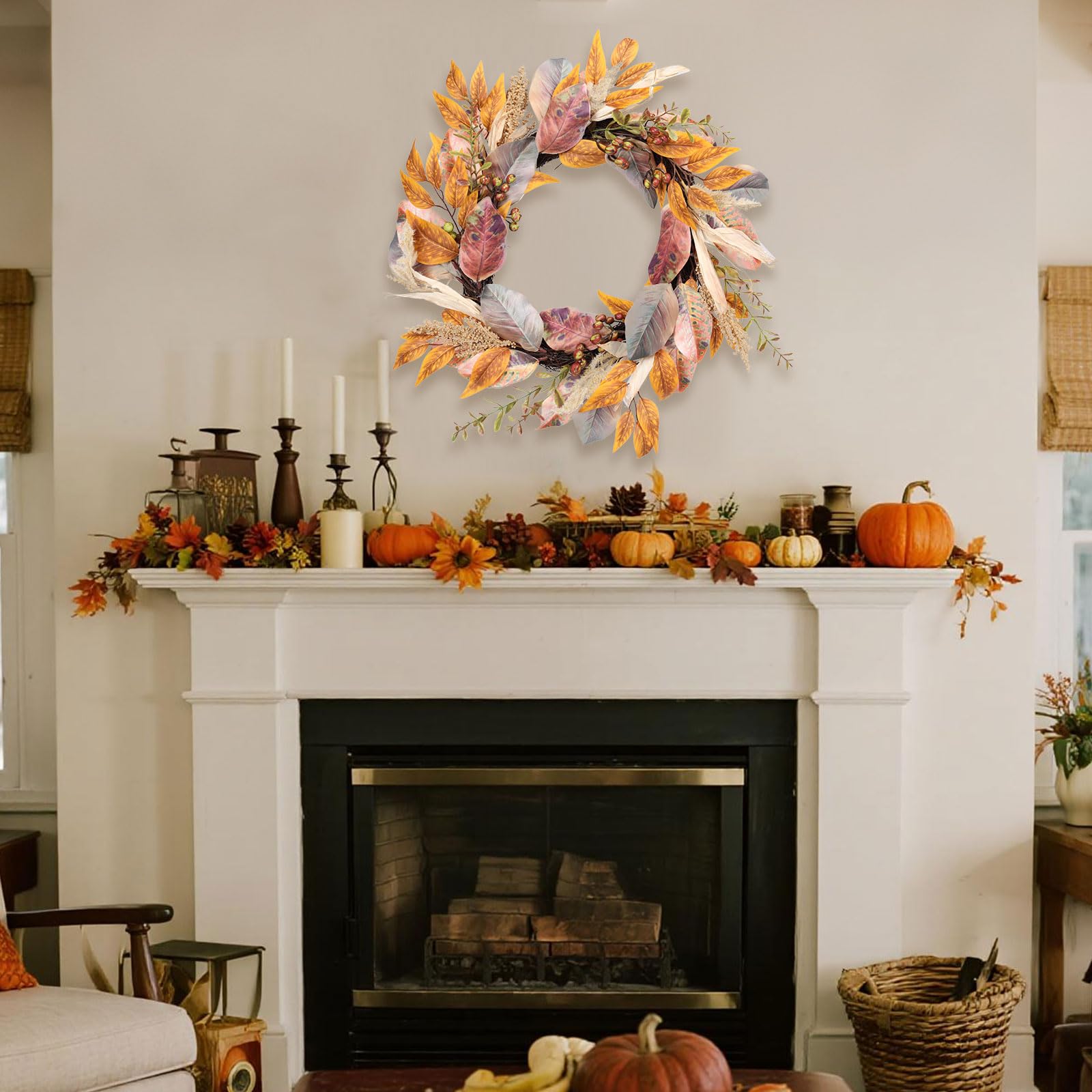 WONDER GARDEN 20 Inch Fall Wreath Autumn Harvest Front Door Wreath with Leaves, Berries for Indoor Outdoor Farmhouse Home Window