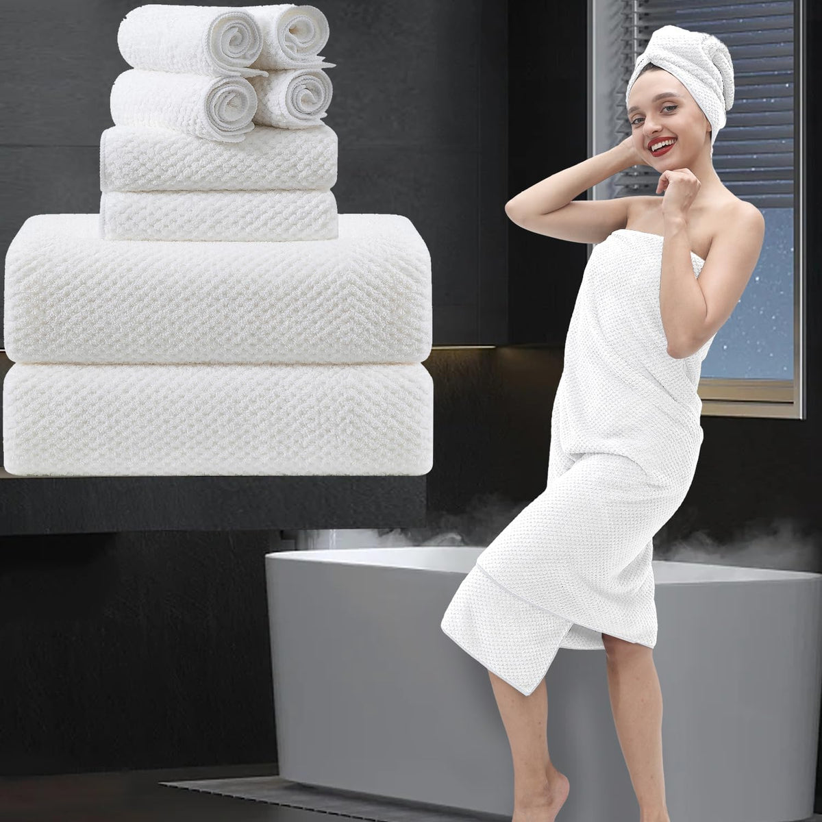 8 Piece Bathroom Towel Set White |2 Oversized Large Bath Towels Sheet,2 Hand Towels And 4 Washcloths| 600Gsm Ultra Soft Luxury P