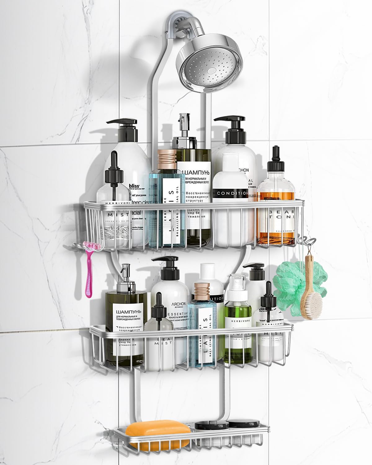 MSAICOE Shower Caddy Hanging - Never Rust Shower Hanging Organizer - Aluminum Over the ShowerHead Caddy with 6 Hooks for Razor/S
