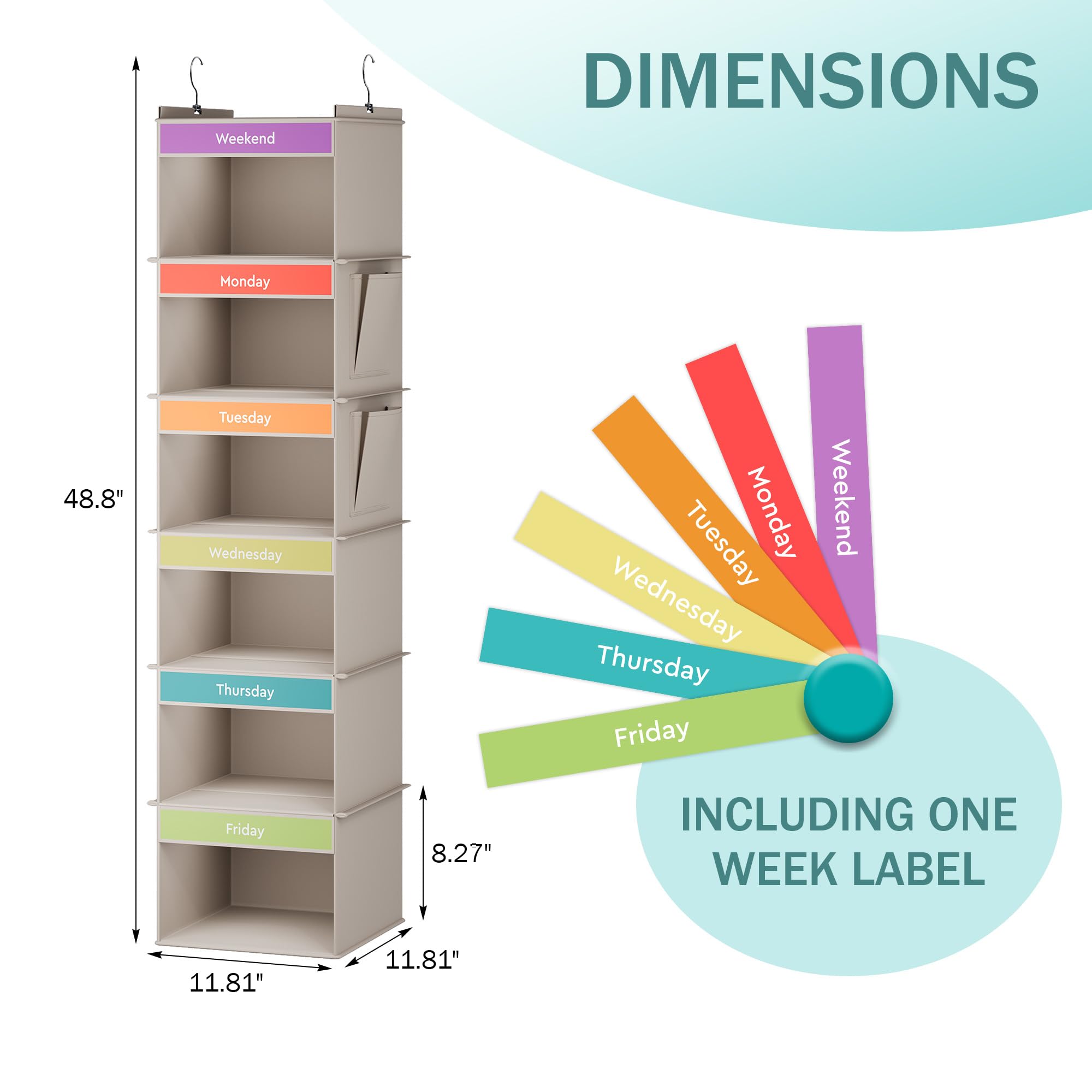 Youdenova 6-Shelf Weekly Hanging Closet Organizer, Weekly Clothes Organizers For Kids With 2 Side Pockets, Light Grey