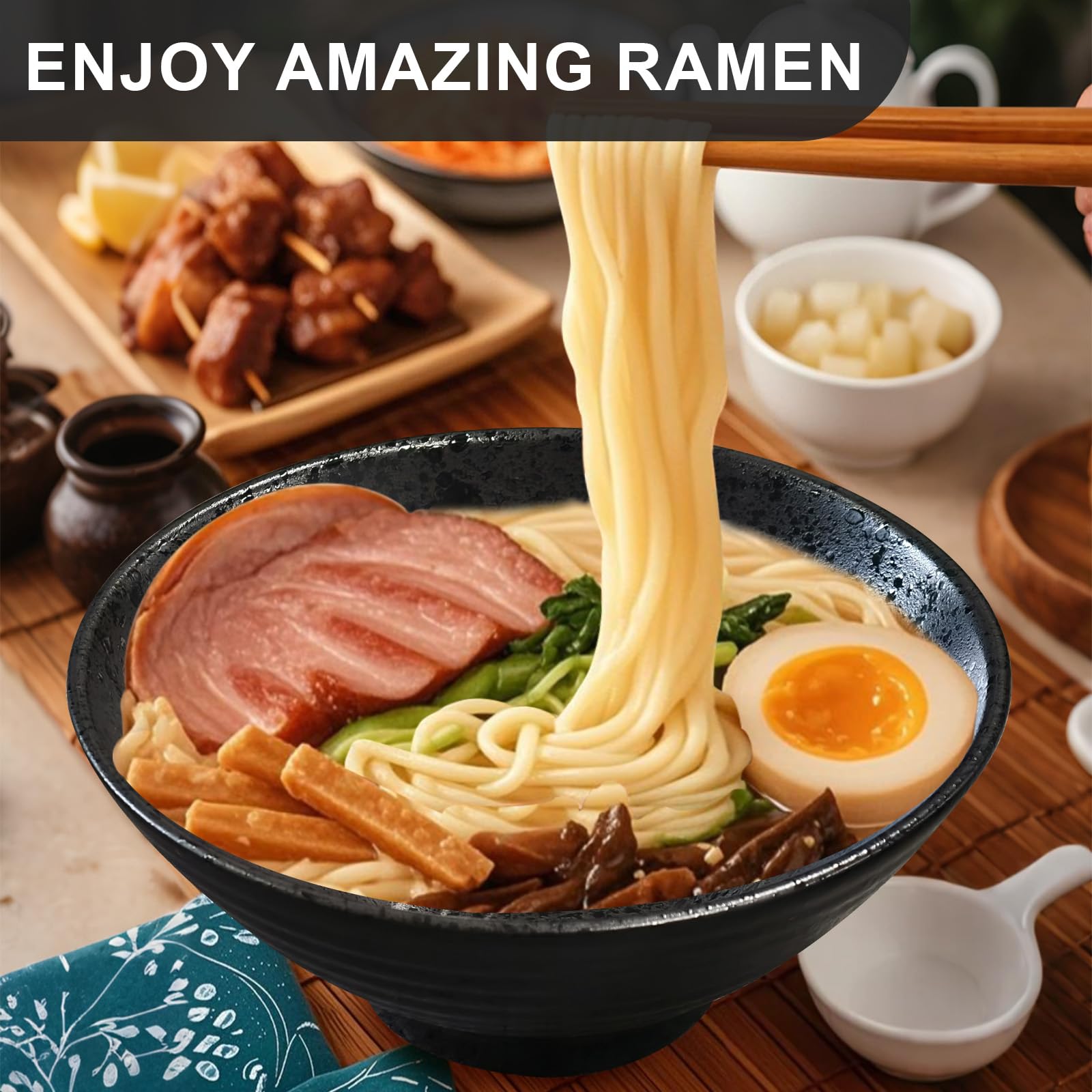 8-Inch Ceramic Ramen Bowl Set of 4 (17 Piece) - Porcelain Japanese Salad Noodles Cereal Fruit Pasta Soup Large Bowls with Recipe