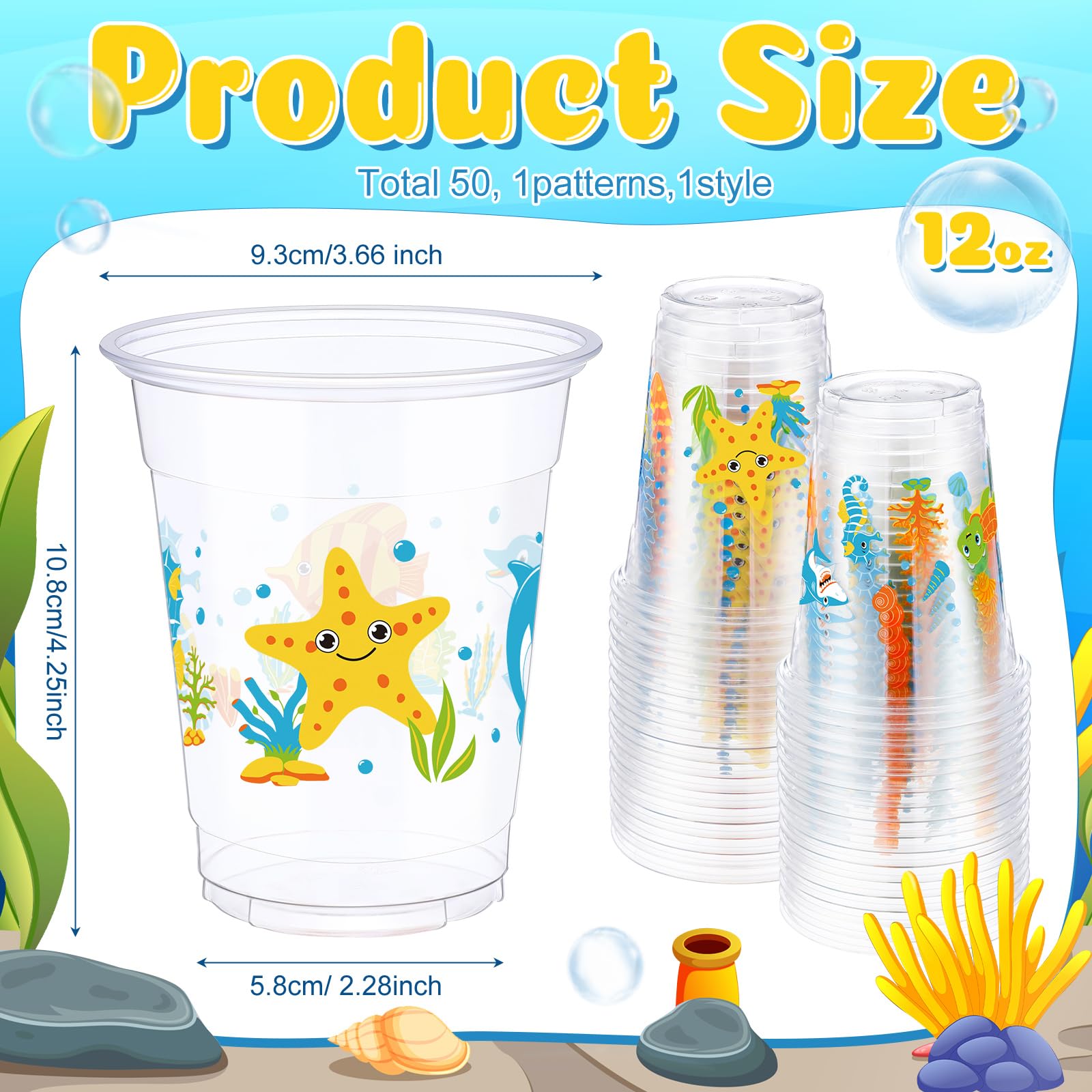 Yaomiao 50 Pieces Sea Animals Cups 12 Oz Bulk Ocean Disposable Plastic Cups Under The Sea Drinking Beverage Cups For Birthday Ba