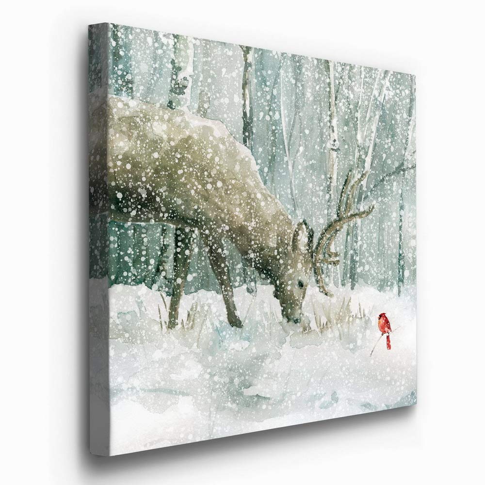 Renditions Gallery Reindeer and Cardinal Wall Art  Cute Christmas Artwork  Snowy Winter Forest  Scenic Nature  Premium Gallery Wrapped Canvas Decor  Ready to Hang  16 in H x 16 in W  Made in America (WC07-40628-1616)