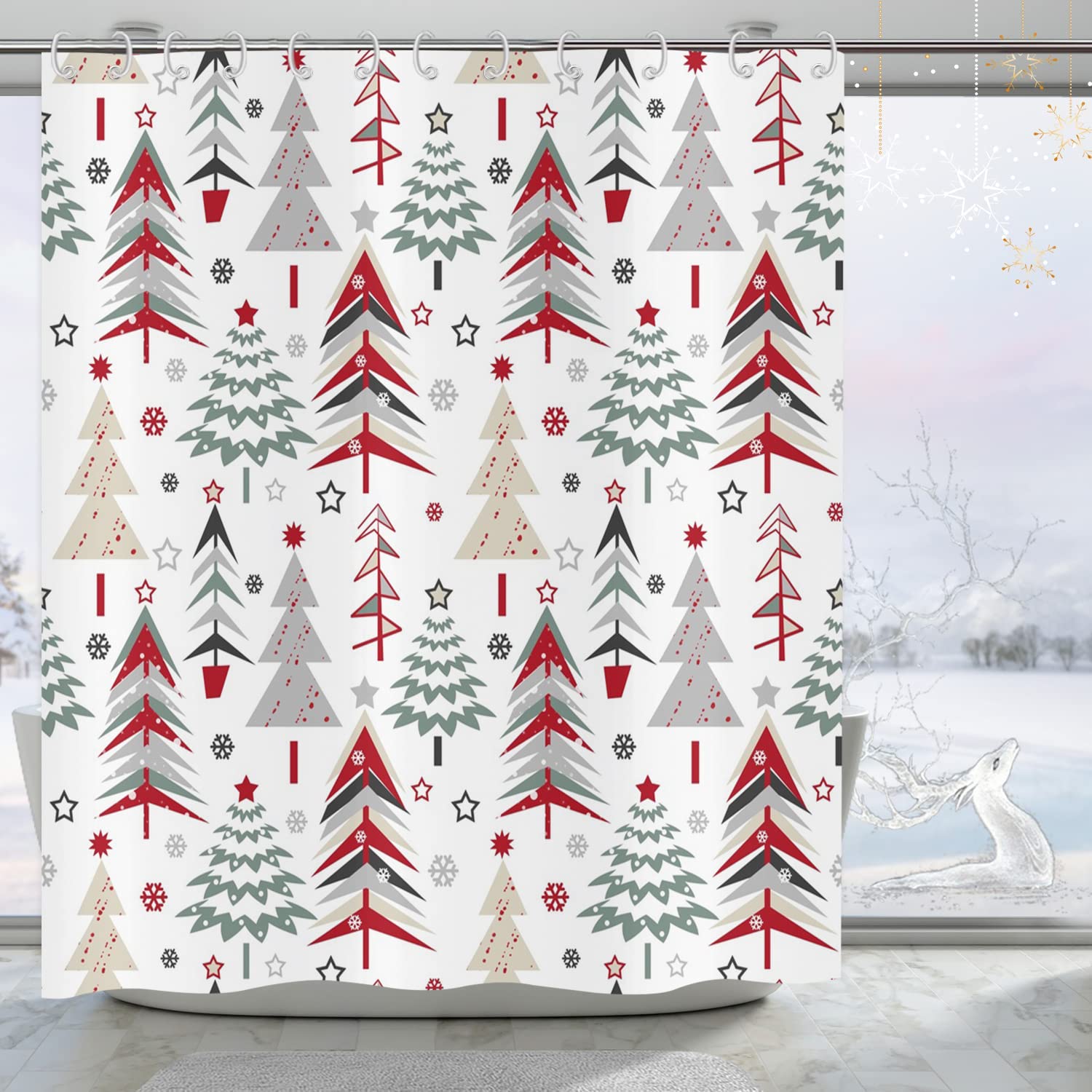 Gcirec Merry Christmas Shower Curtain, Christmas Tree Red Stars Snow Snowflake New Year Winter Bathroom Curtain Waterproof Fabri