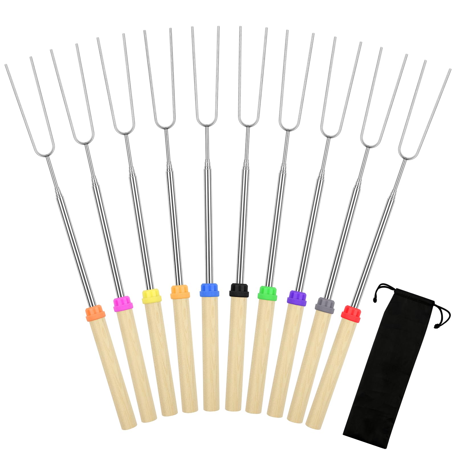 10 Pack Smores Sticks, 32 Inch Marshmallow Roasting Sticks for Fire Pit, Extendable Roasting Skewers with Bag, Hot Dog Fork, Smo