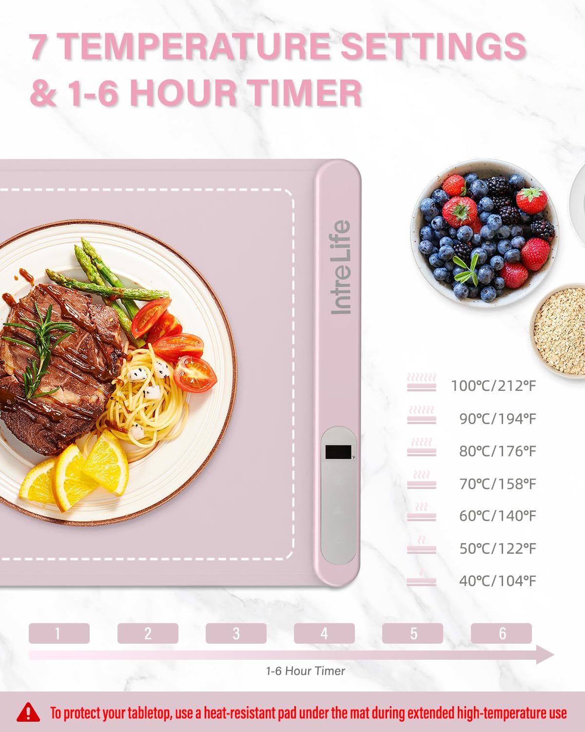 IntreLife Food Warming Mat - Graphene Heating, 7 Temp Settings, Silicone, Roll Up, Lilac, Model WB-001P