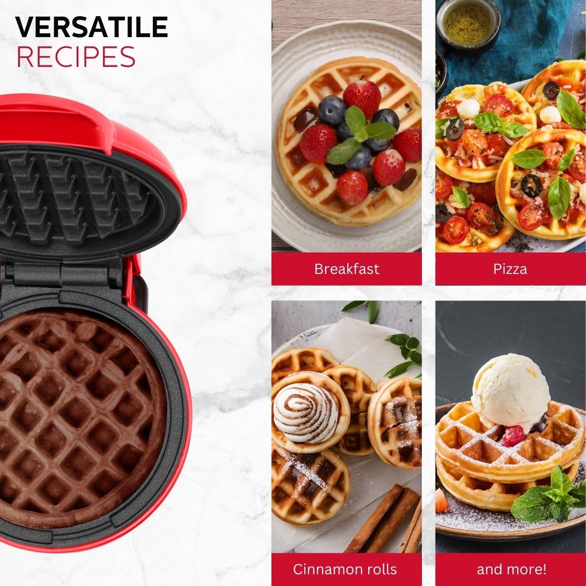 Holstein Housewares Personal/Mini Waffle Maker, Non-Stick Coating, Red- 4-Inch Waffles In Minutes, Ideal For Breakfast, Brunch,