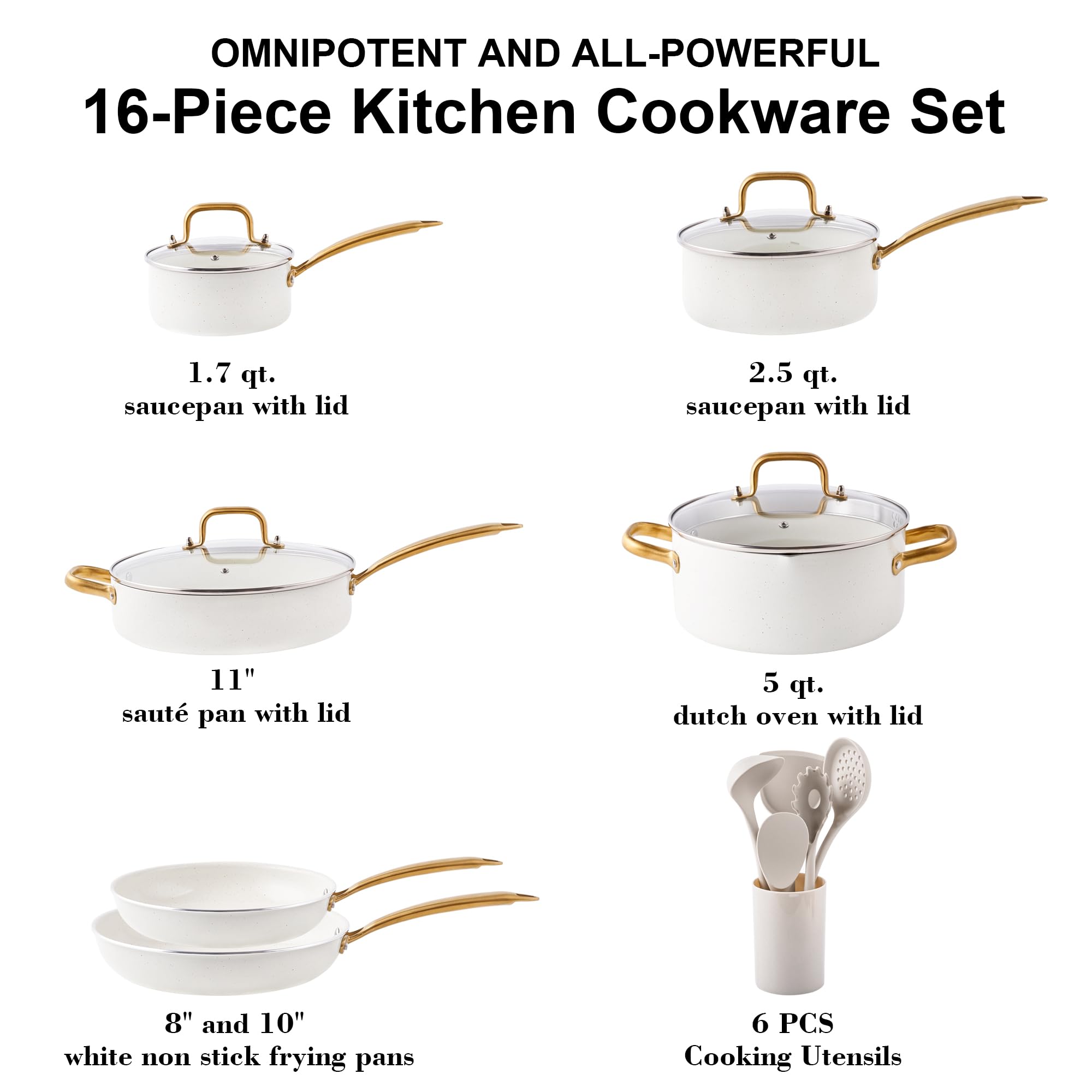 Granite Nonstick Cookware Set - Kitchen Pots and Pans With Dutch Oven, Frying Pan, Saucepan, Saut   Pan, Utensils - Gold Cookwar