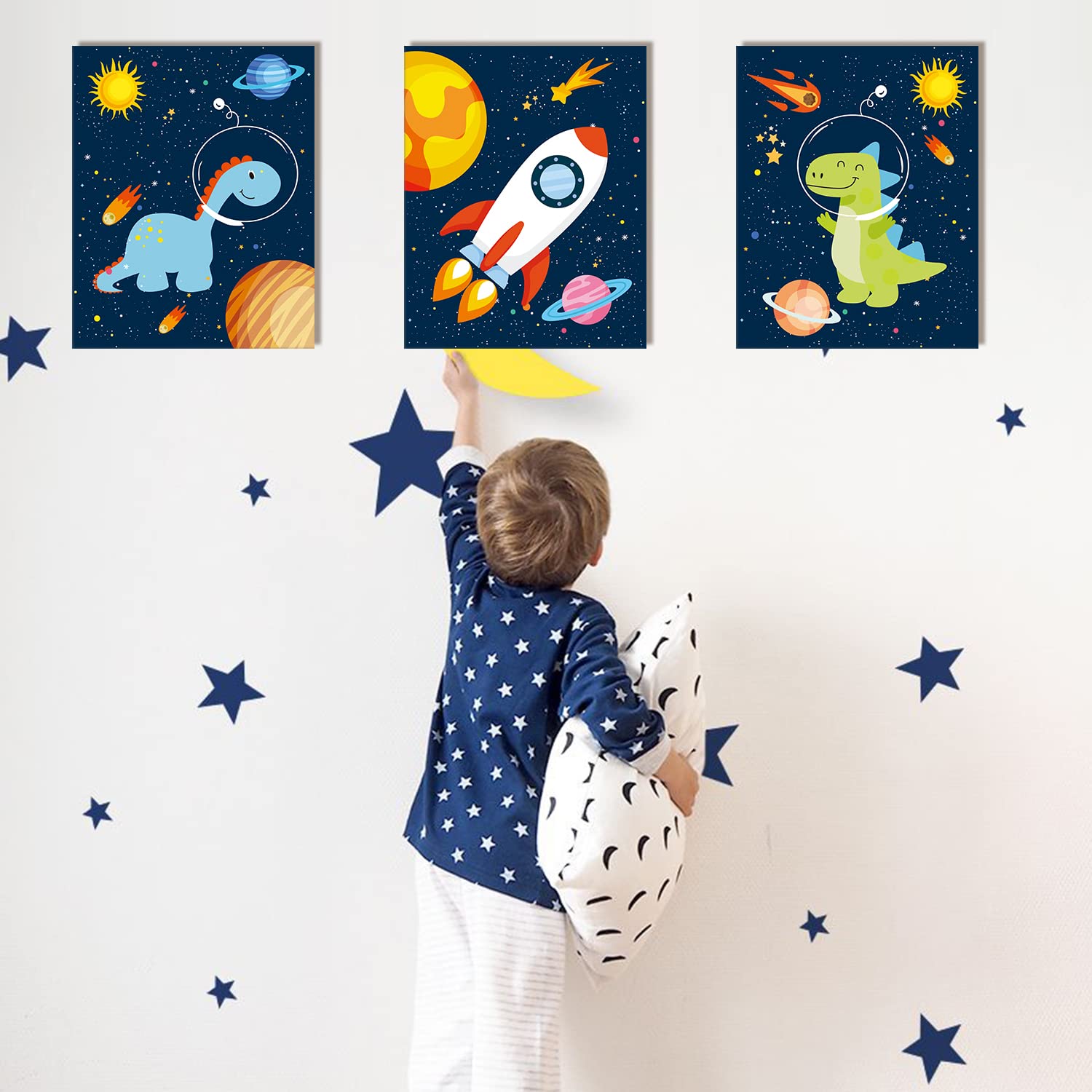 Kairne Outer Space Dinosaur Room Decor,Solar System Stars Wall Canvas Poster,Set Of 4 (12X16Inch,Framed) Planet Astronaut Art Pr