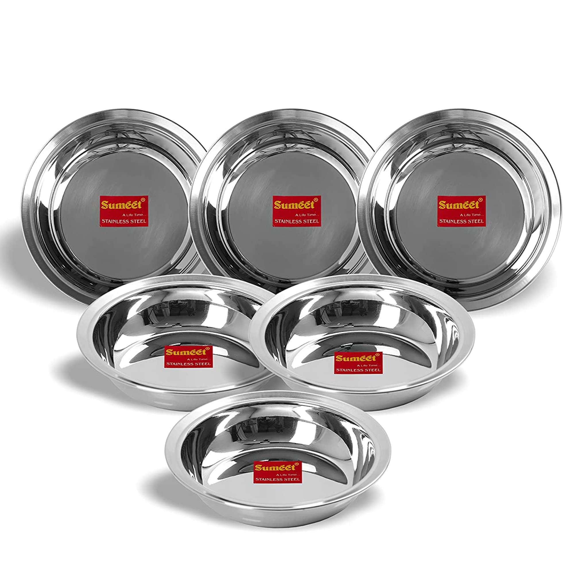 Sumeet Stainless Steel Heavy Gauge Multi Utility Serving Plates with Mirror Finish 19cm Dia  Set of 6pc
