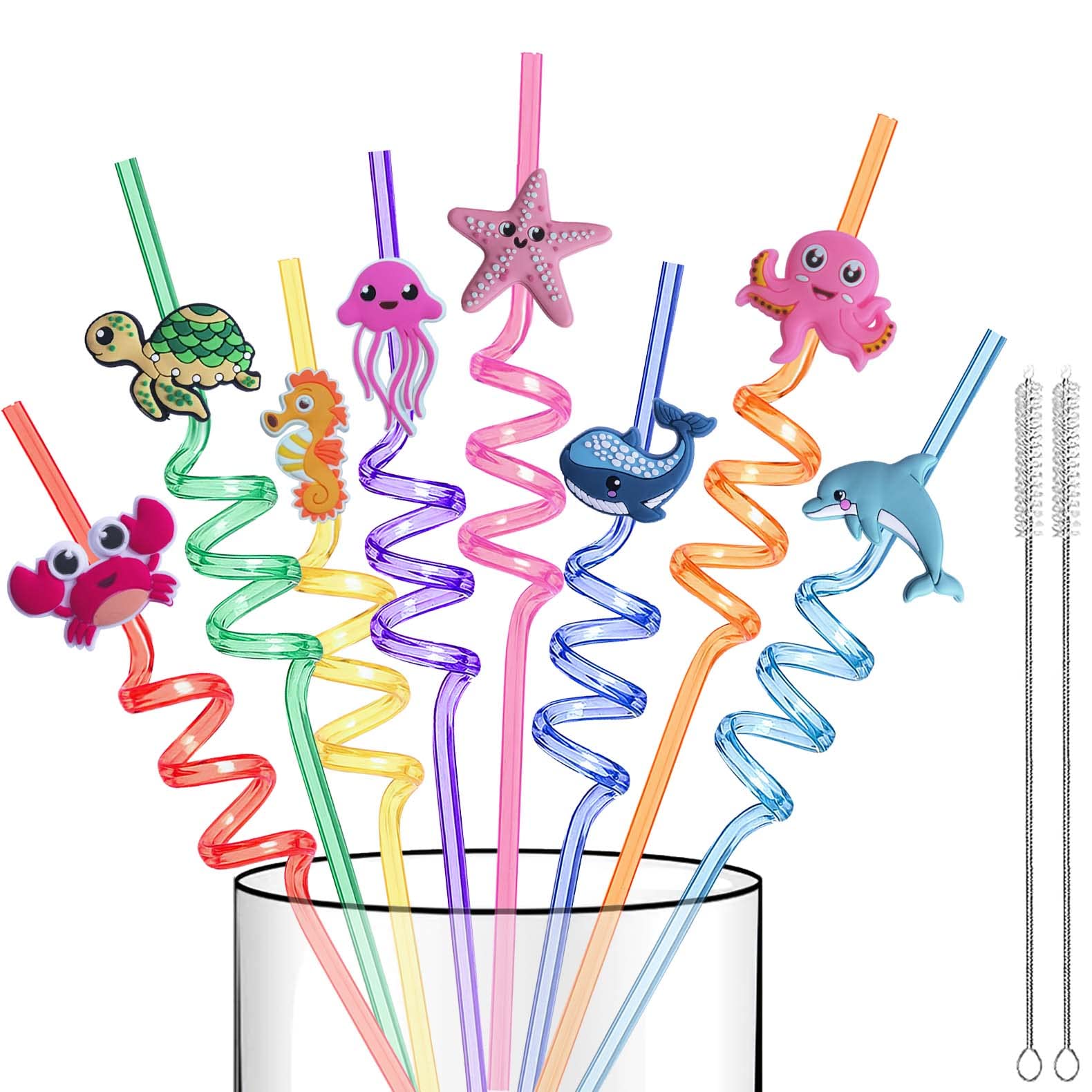 Reusable Sea Animal Straws For Sea Party Favors, 16 Pcs Plastic Ocean Creature Drinking Straws Silly Swirly Straws For Kids Part