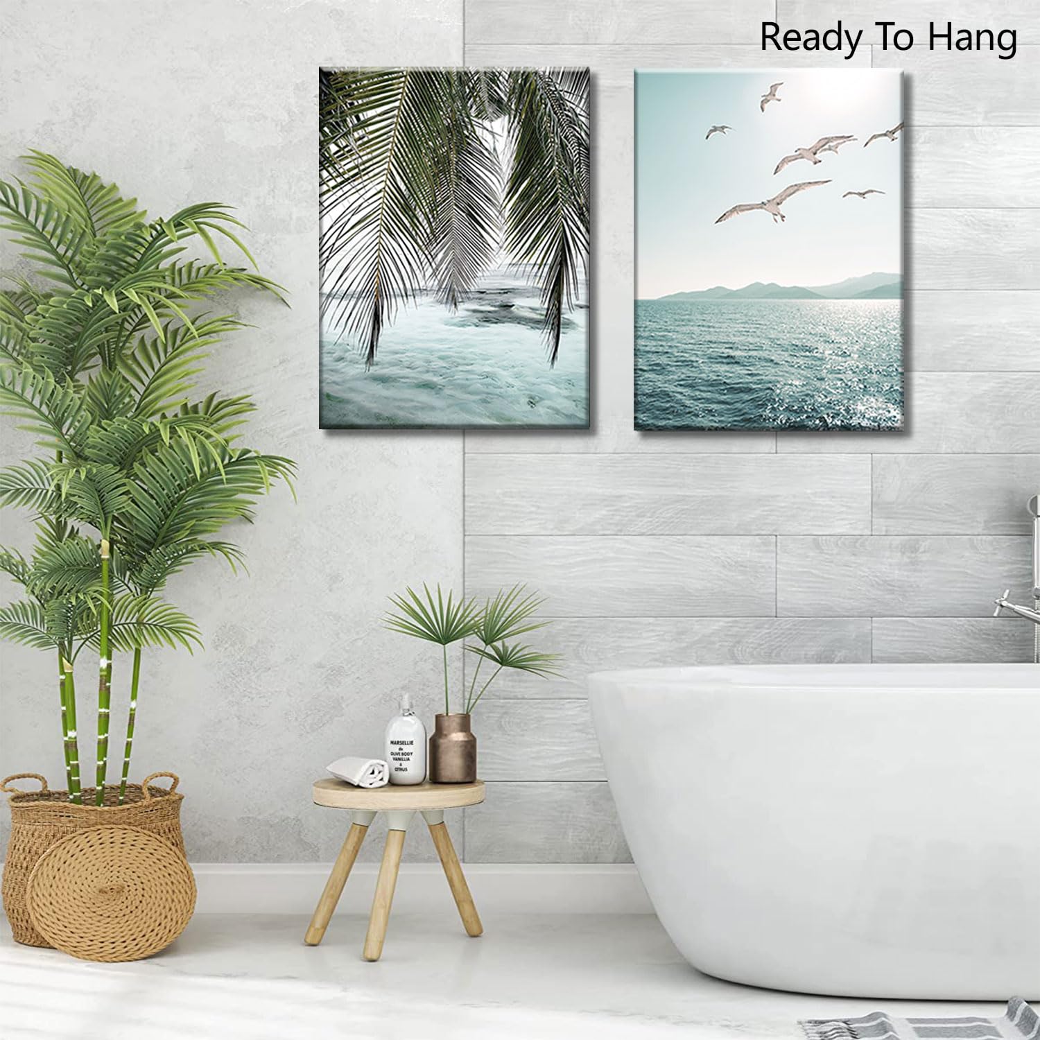 Framed Ocean Wall Art Beach Tropical Prints Bathroom Decor Canvas Turquoise Seascape Mint Green Paintings Coastal Pictures Palm Tree Artwork for Bedroom Living Room12''*16''*2