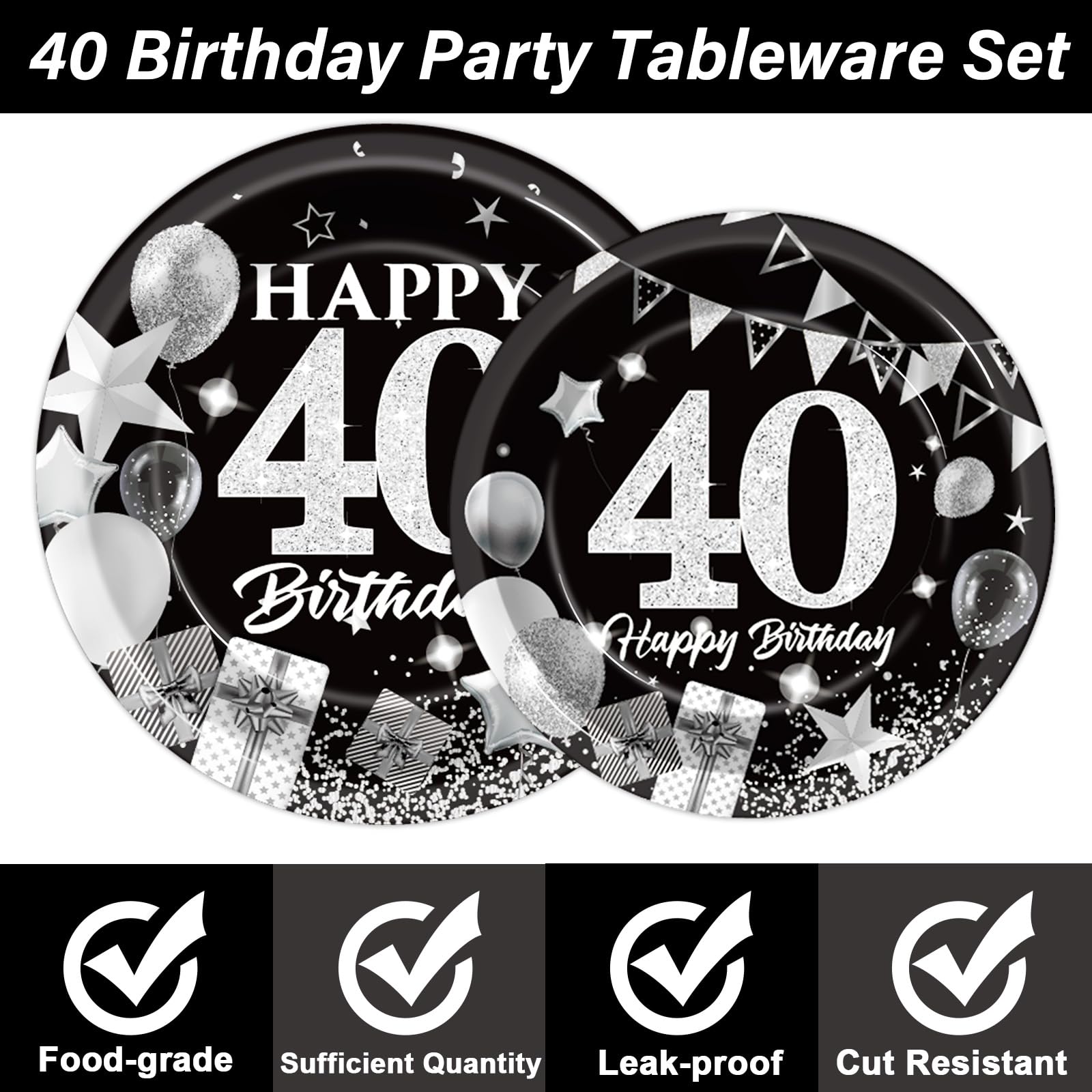 Obusatt 96Pcs 40Th Birthday Plates And Napkins Party Supplies Black And White Silver 40Th Happy Birthday Party Decorations 40Th