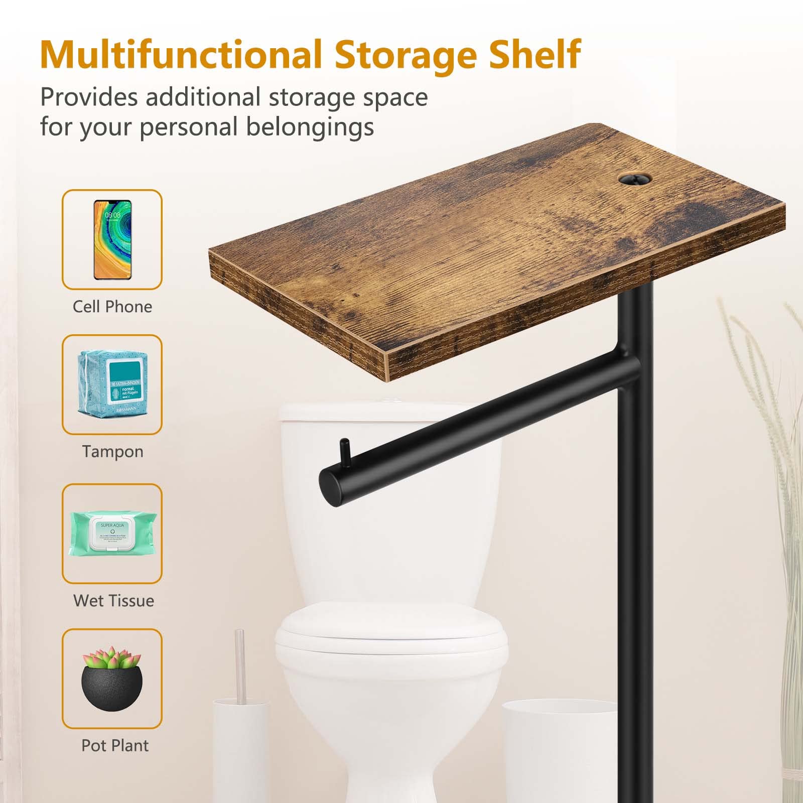 Toilet Paper Holder Stand Freestanding Tissue Paper Roll Holder With Shelf Farmhouse Toilet Paper Dispenser For Bathroom Toilet