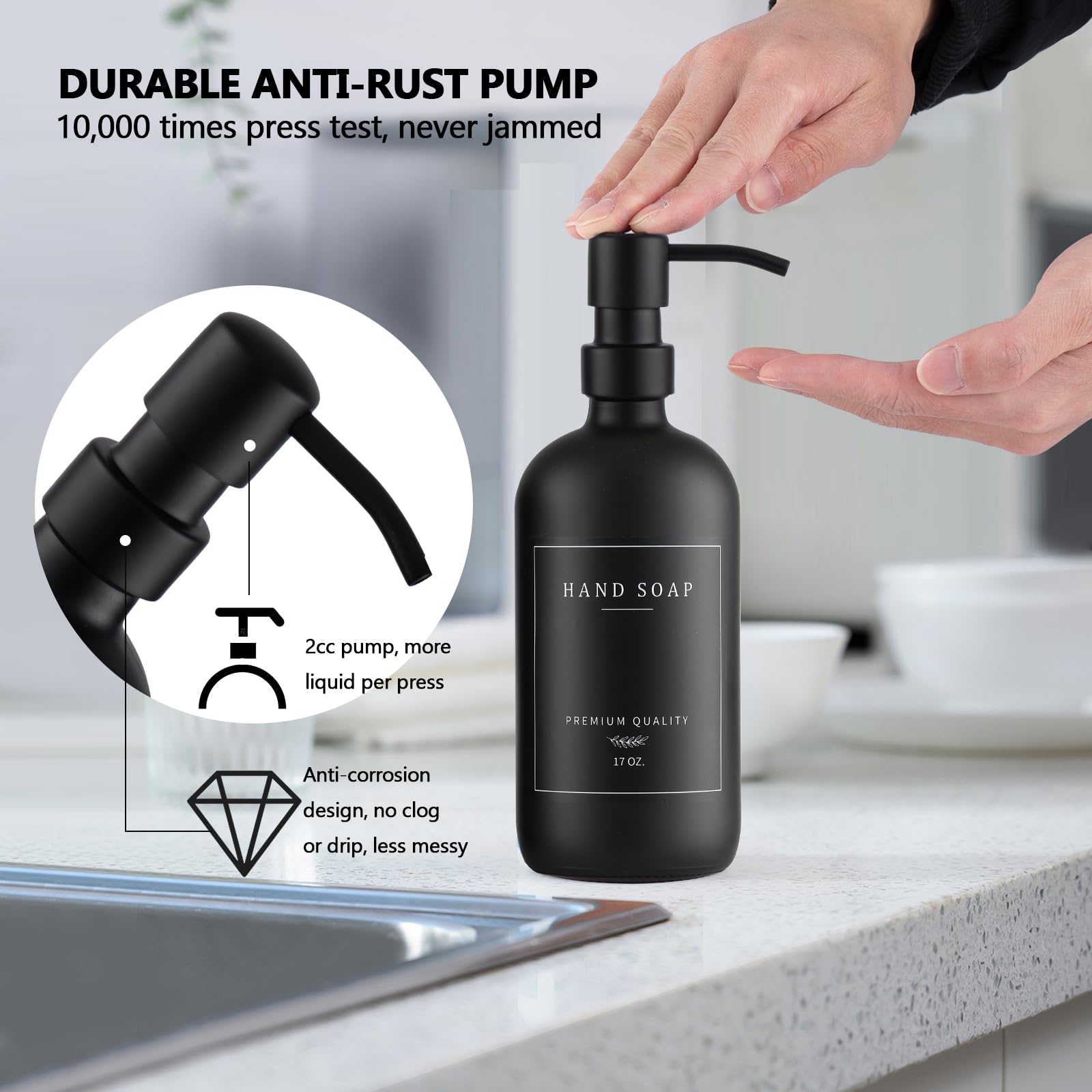 Black Thick Glass Soap Dispenser - Farmhouse Kitchen Dish Soap Dispenser & Hand Soap Dispenser Set, 304 Rustproof Pump Soap Disp