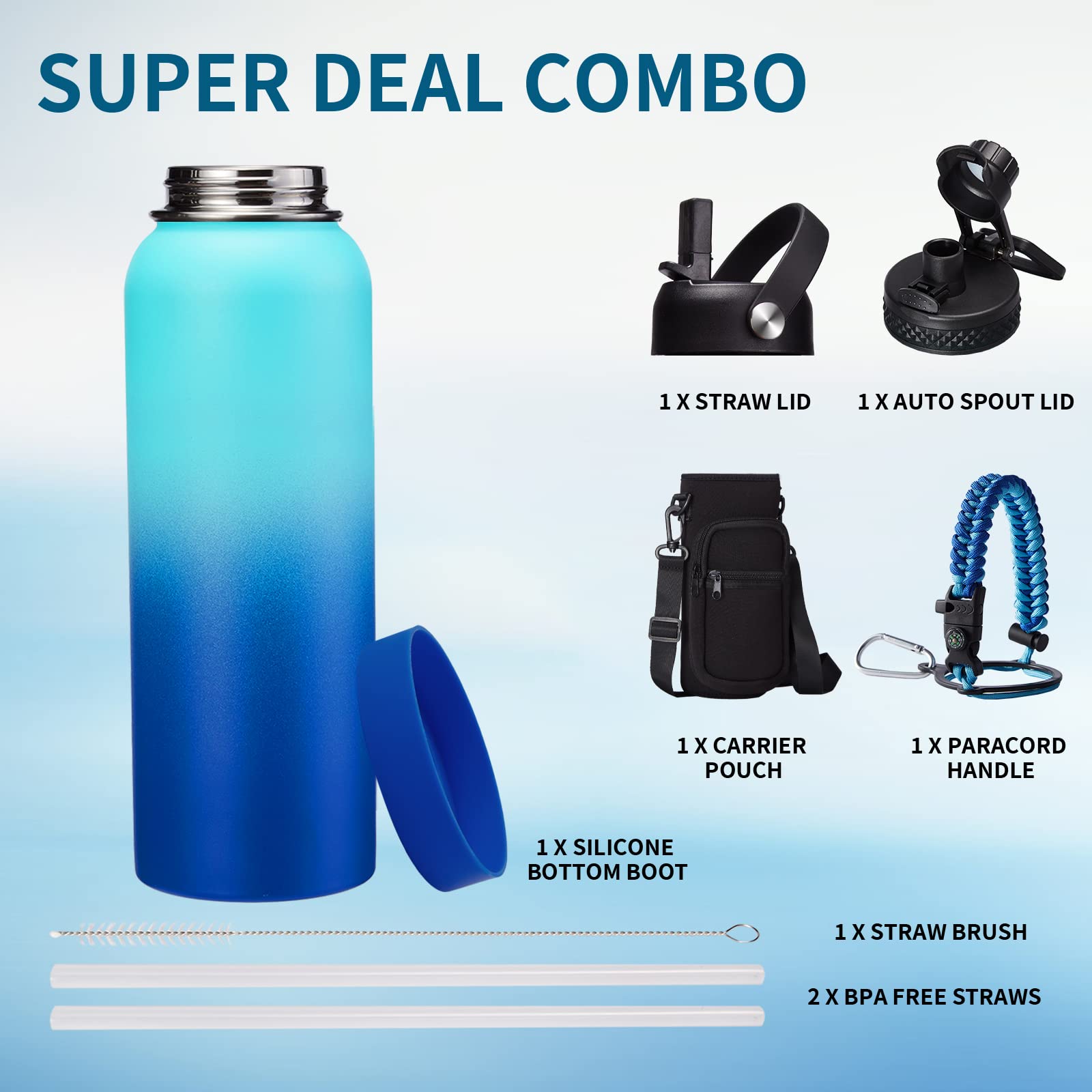 Metal Water Bottle 40Oz - Stainless Steel Water Bottles With Straw Spout Lid, Sleeve Carry Strap, Vacuum Insulated, Leak Proof,