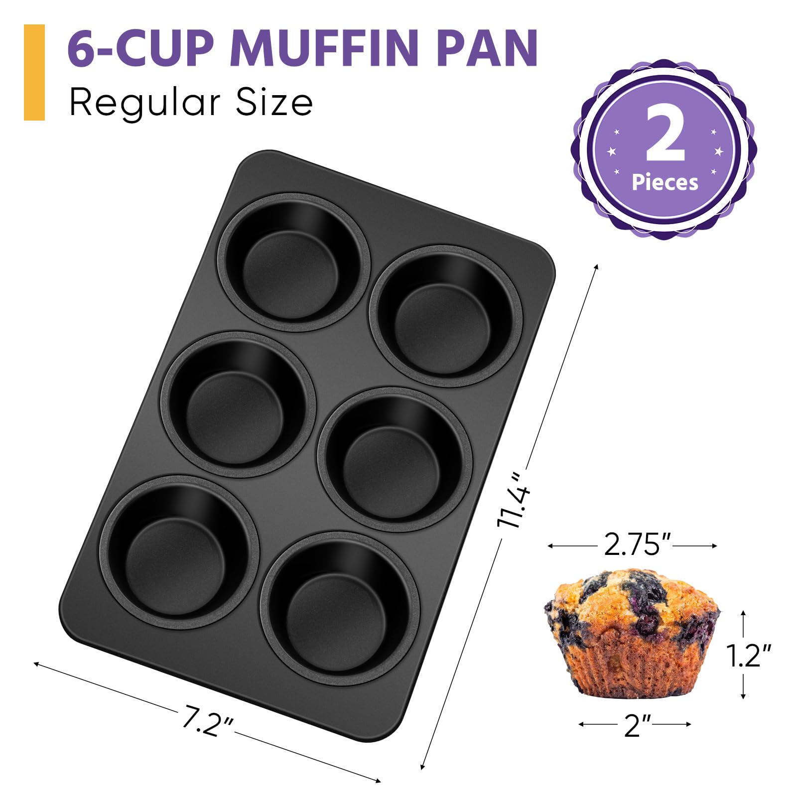 E-Far Muffin Pan Set Of 2, Non-Stick Muffin Pan Tin For Baking, 6-Cup Metal Cupcake Pan Tray For Oven, Easy Release & Clean, Reg