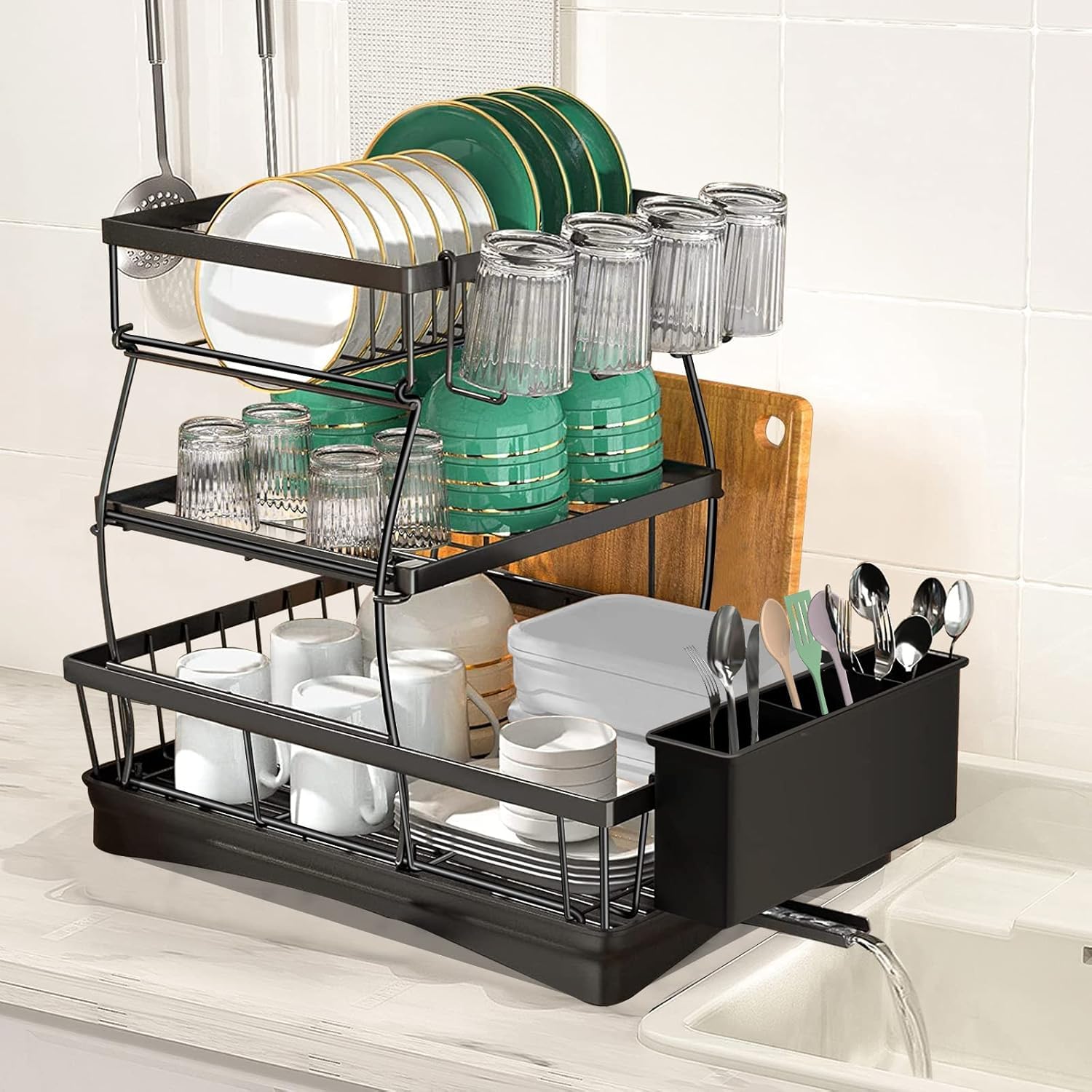 Cloyster Big Capacity 3 Tier Dish Drainer Rack With Side Cutlery Holder, Rustproof Kitchen Counter Dish Organizer With Drainboar