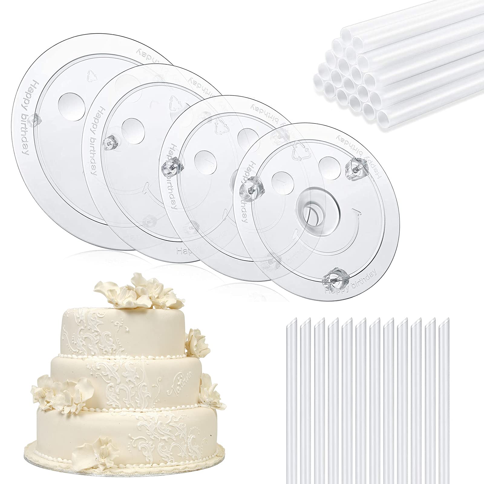 QPEY Cake Sticks Support Rods with Cake Board Drums,White Plastic Cake Separator Plates for Chic Multi-Tiered Cake in the Party,