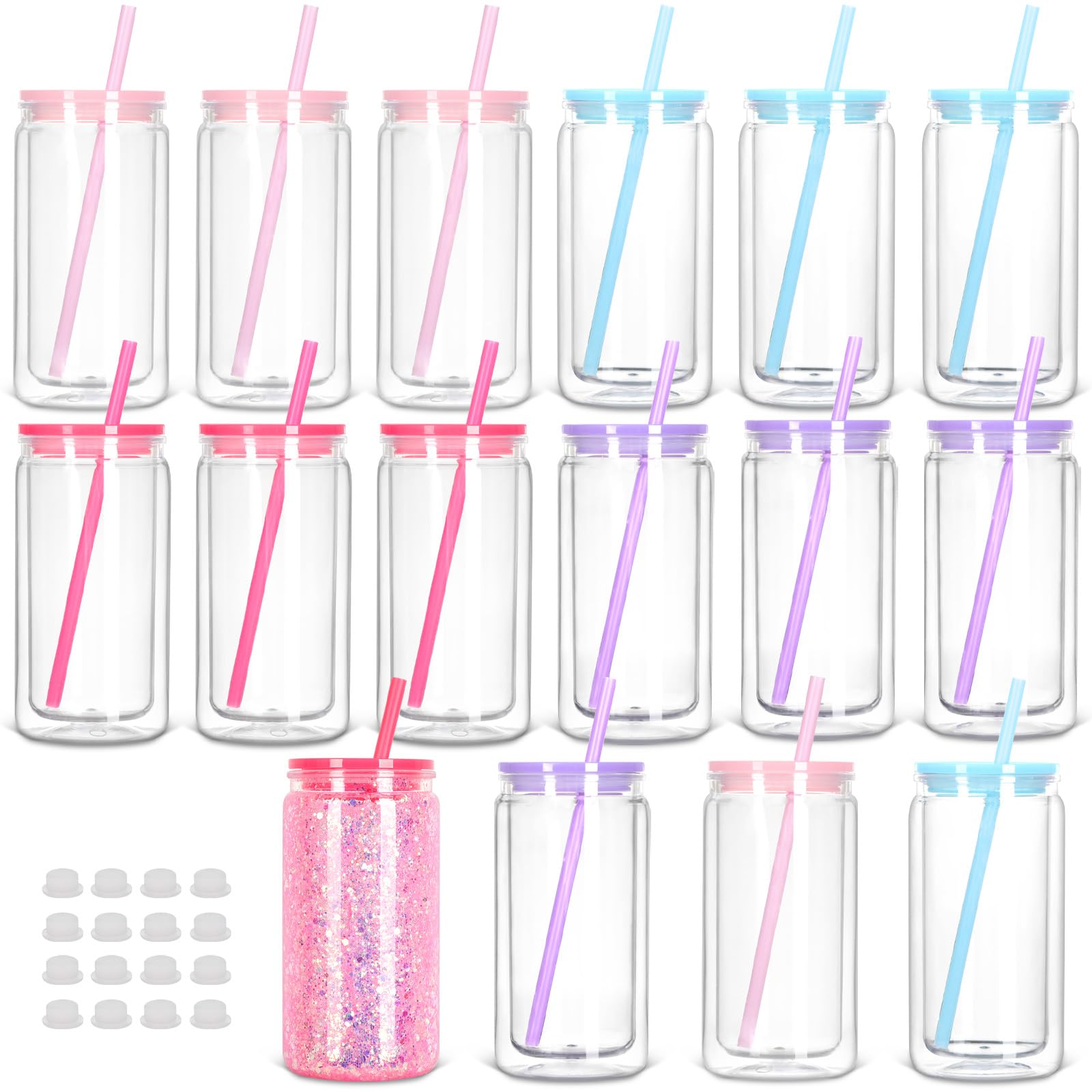 Tswofia 16 Pack 16 Oz Plastic Snow Globe Tumbler, Snowglobe Cups, Colorful