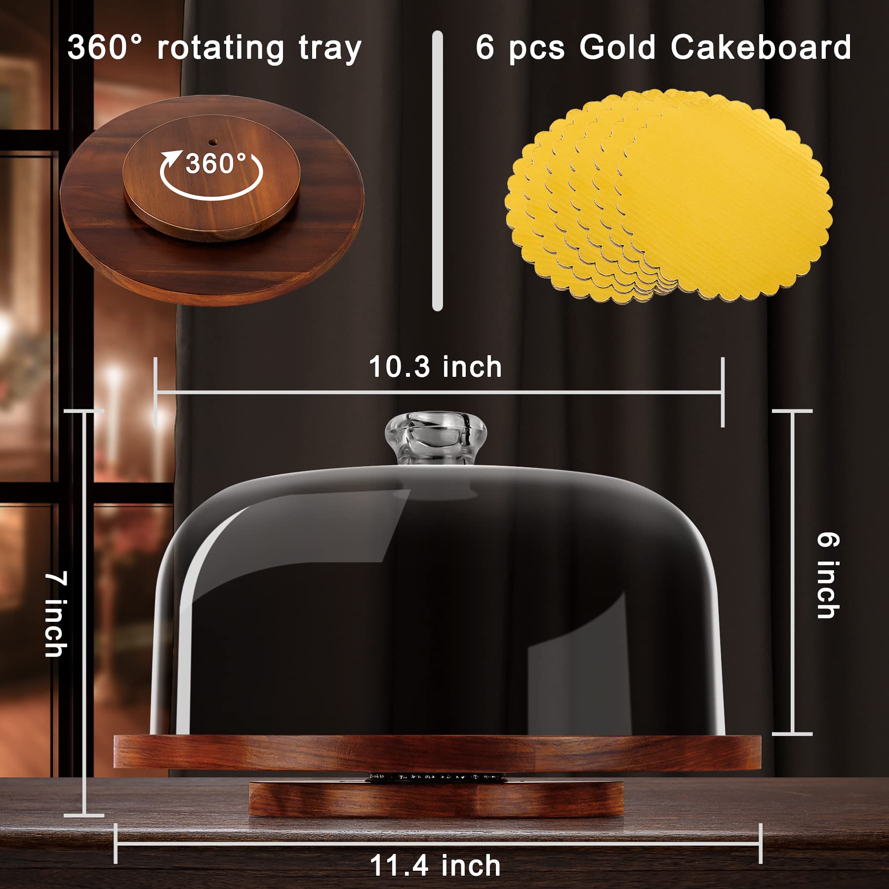 Cake Stand With Acrylic Dome, Rotating Cake Plate Acacia Wood Cake Stand With Acrylic Lid, Cake Display Server Tray, Cake Decora