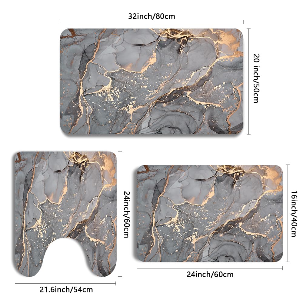 Grey Gold Marble Bathroom Mats Rugs Sets 3 Piece, Abstract Bath Mat Quick Dry Thin Rubber Back Diatomaceous Earth Rugs With U-Sh